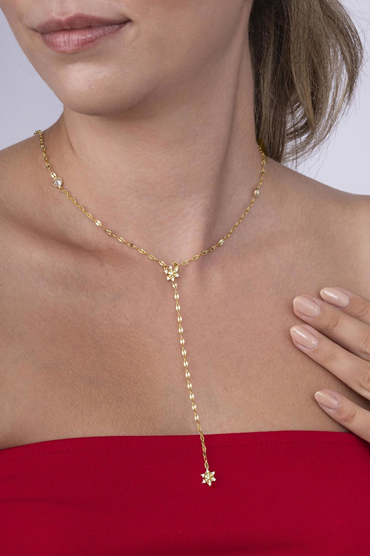 Gümüş Pazarım Kar Tanesi Motifli Y Model Altın Kaplama Çelik Kadın Kolye