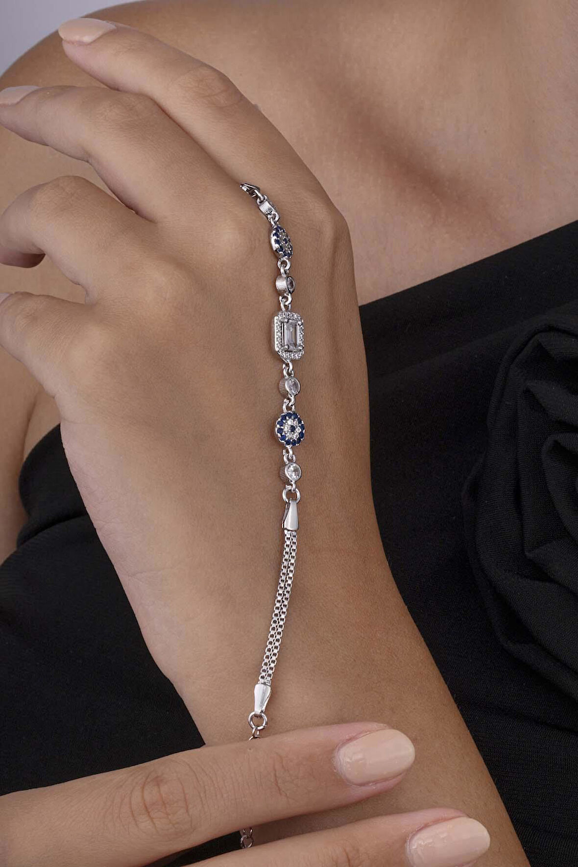 Gümüş Pazarım Nazar Boncuklu Baget Taşlı 925 Ayar Gümüş Kadın Bileklik