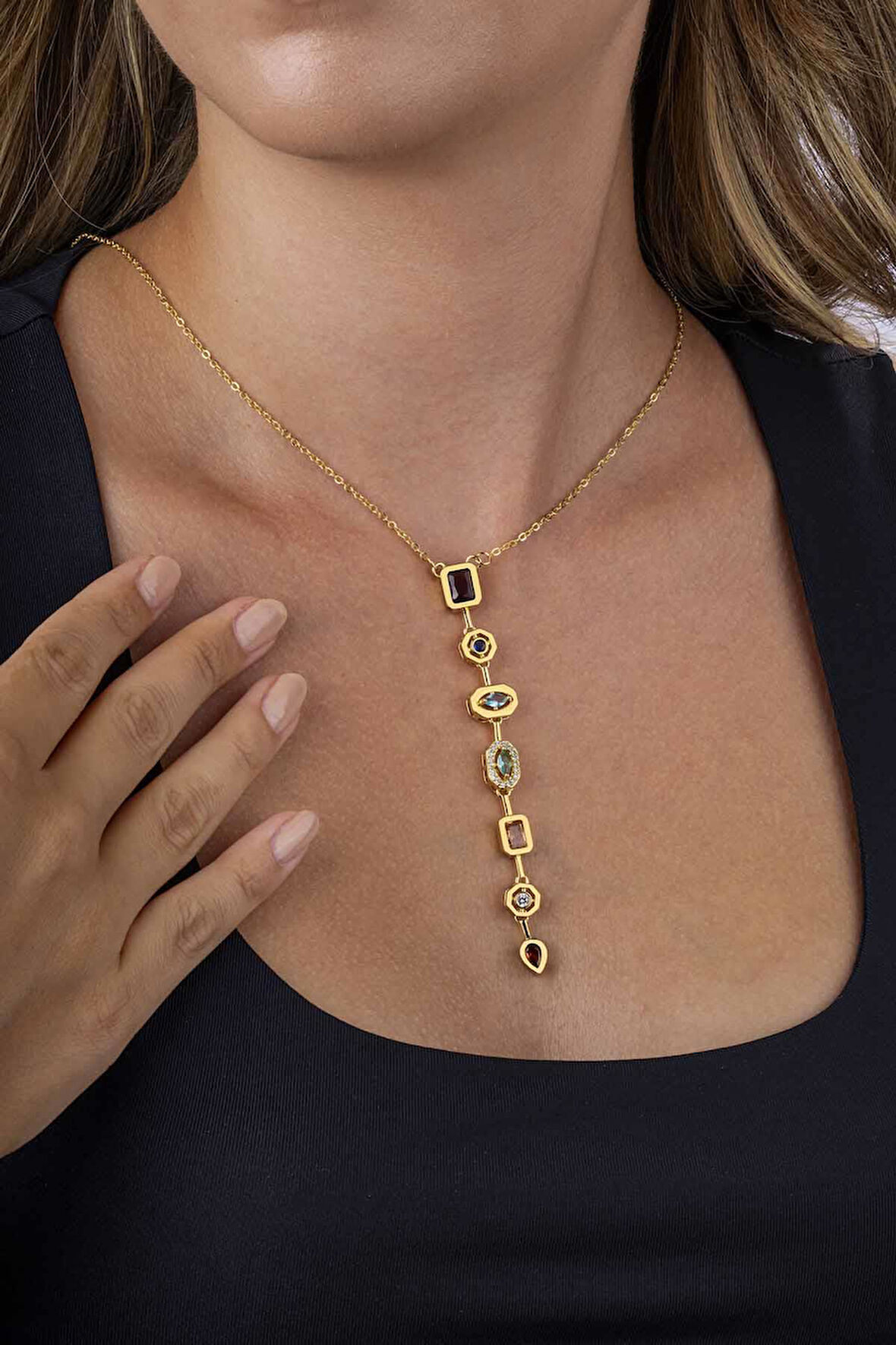 Gümüş Pazarım Sıralı Renkli Taşlı Altın Kaplama Çelik Kadın Y Kolye