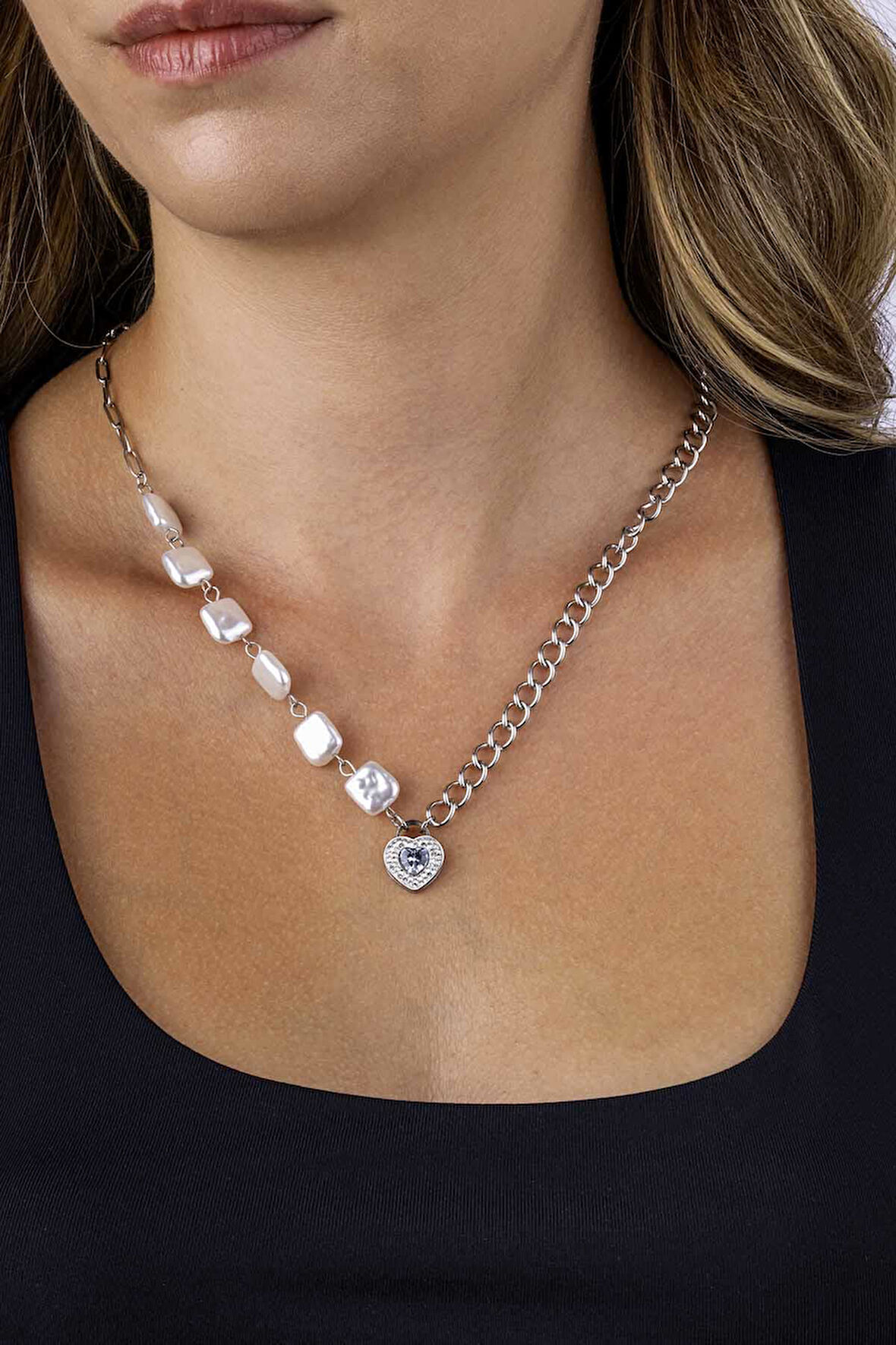 Gümüş Pazarım Beyaz Altın Kaplama Kalp Model Zincir Model Kadın Çelik Kolye