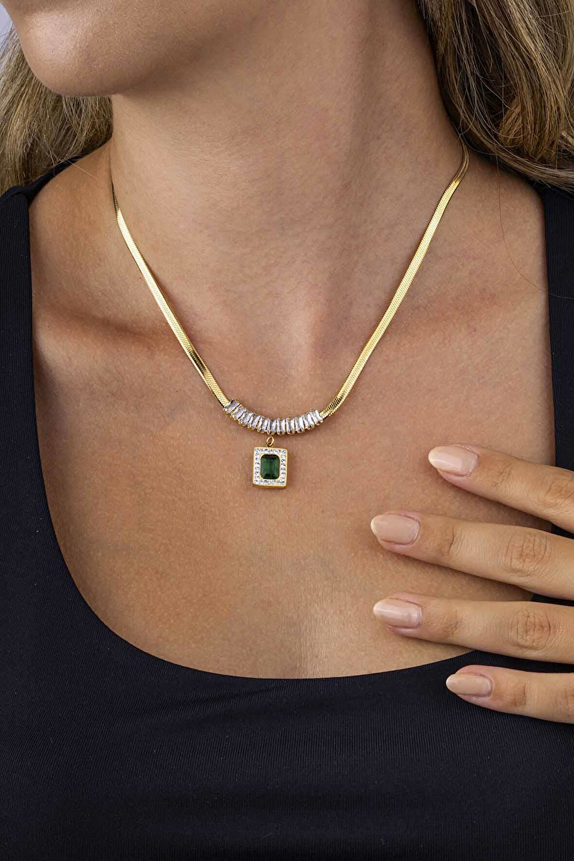 Gümüş Pazarım Altın Kaplama Baget Taşlı İtalyan Zincir Kadın Çelik Kolye