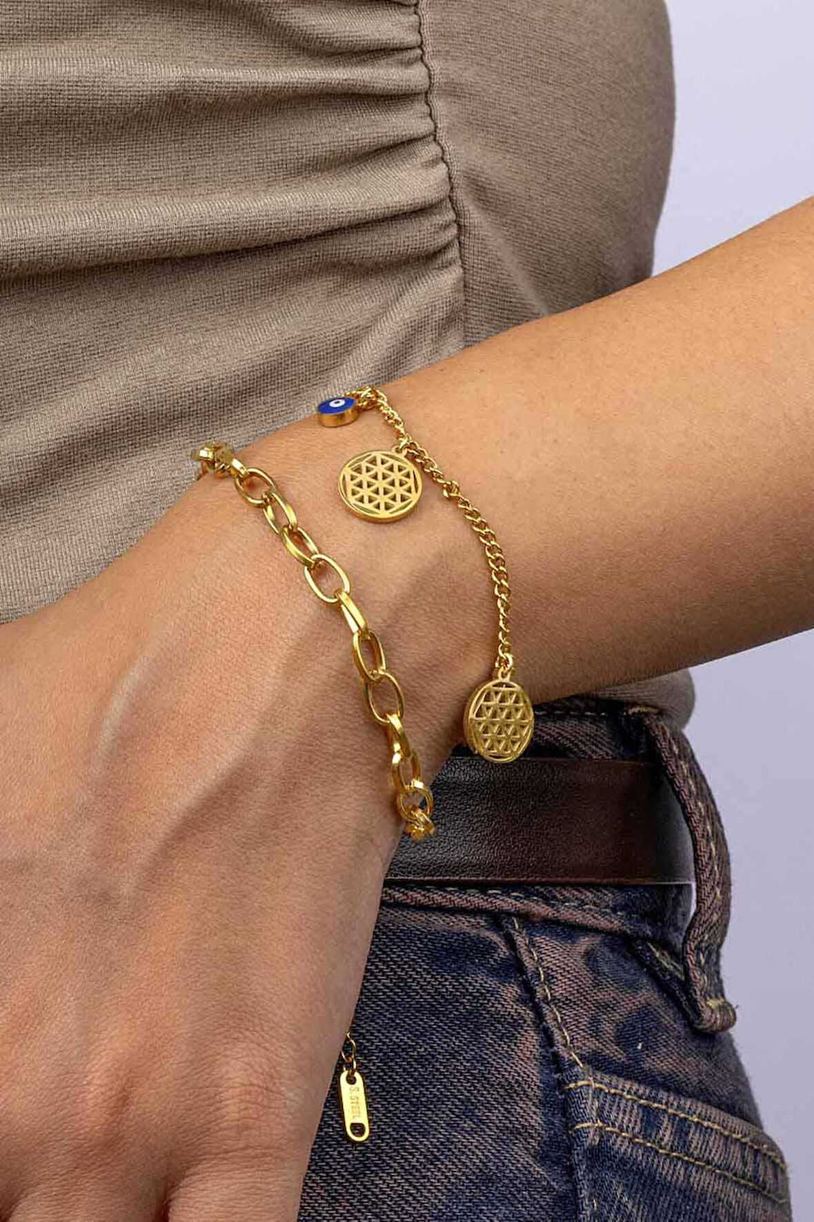 Gümüş Pazarım Altın Kaplama Çift Zincirli Nazar Boncuklu Charm Çelik Bileklik 