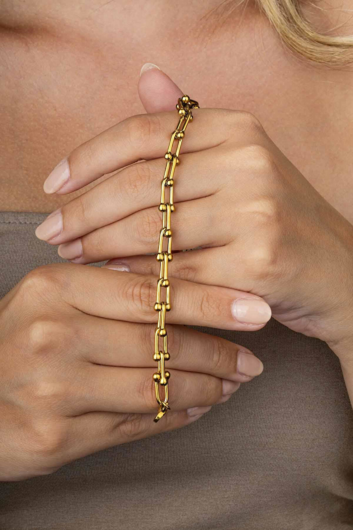 Gümüş Pazarım Altın Kaplama Ataç Top Uçlu Zincir Model Kadın Çelik Bileklik