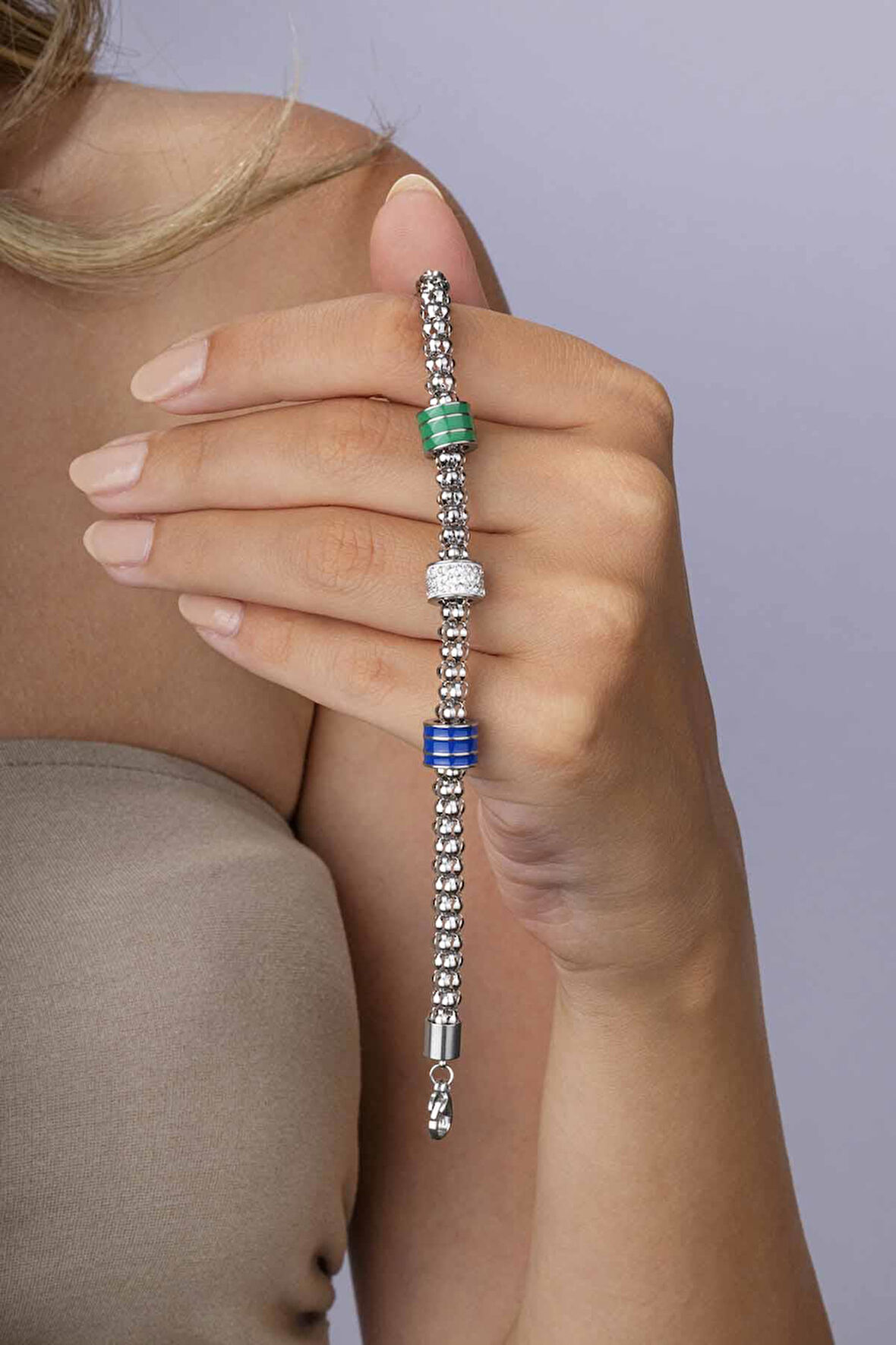 Gümüş Pazarım Renkli Silindir Beyaz Altın Kaplama Çelik Zincir Model Kadın Bileklik