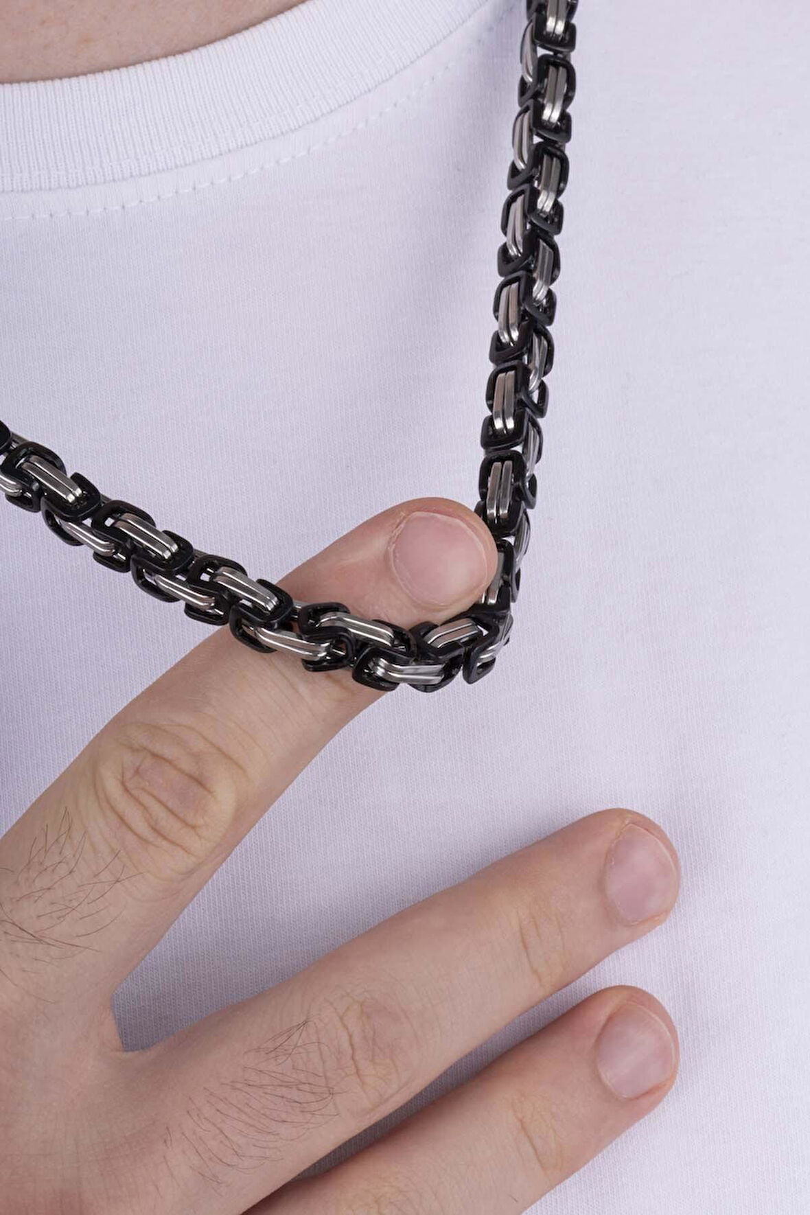 Gümüş Pazarım Çift Renkli Siyah Geçişli Çelik Erkek Kral Zincir Kolye