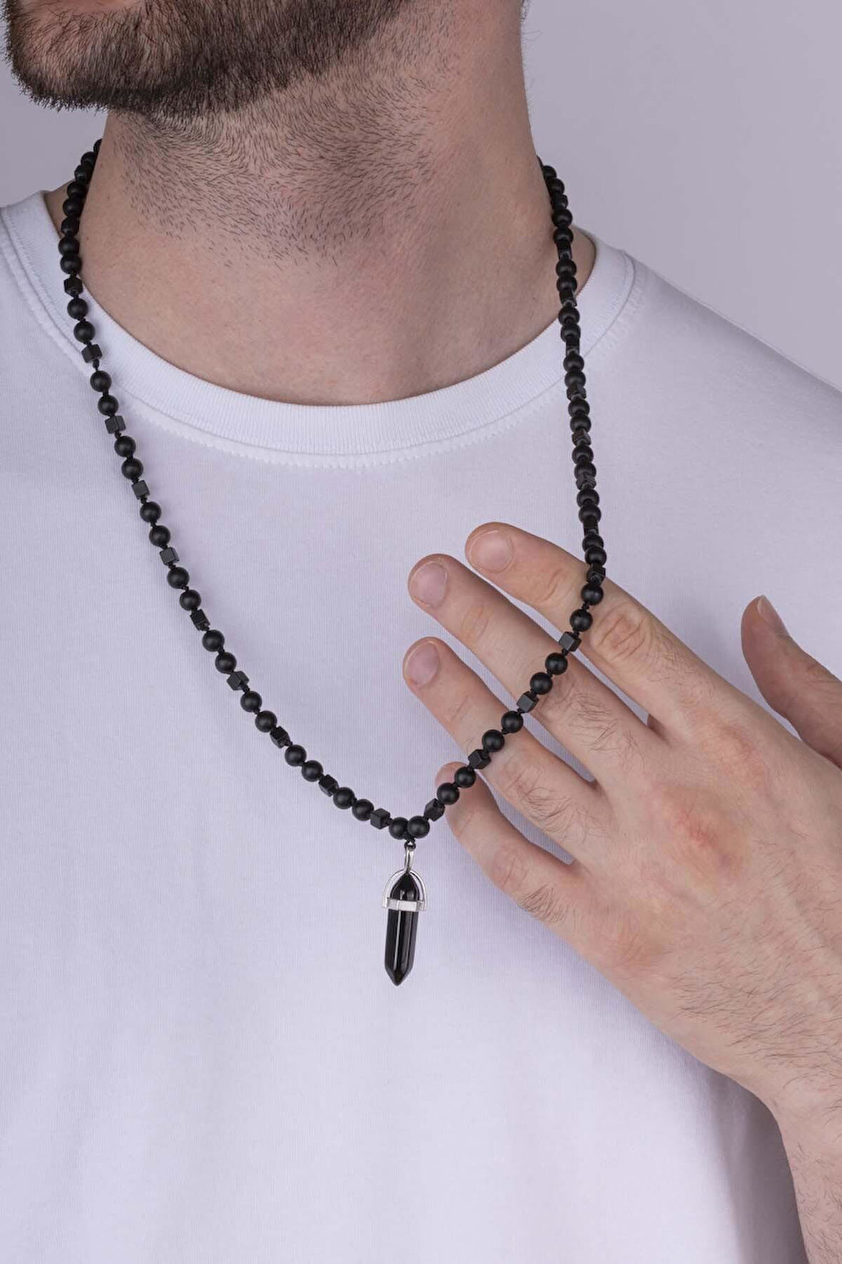 Gümüş Pazarım Oniks Taşlı Yuvarlak Kare Kesim Doğal Taş Erkek Kolye