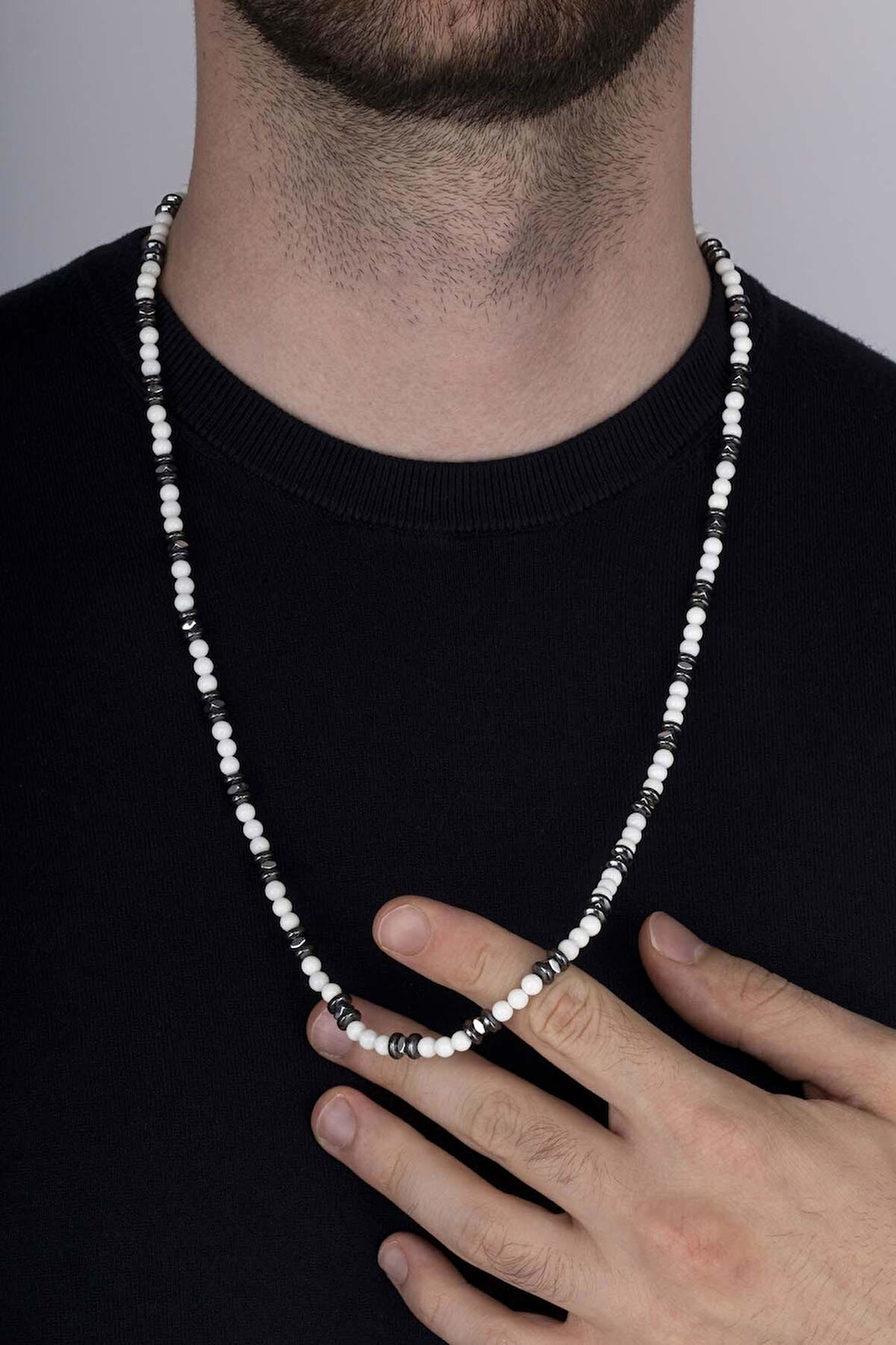 Gümüş Pazarım Sedef Hematit Yuvarlak Kesim Doğal Taş Erkek Kolye