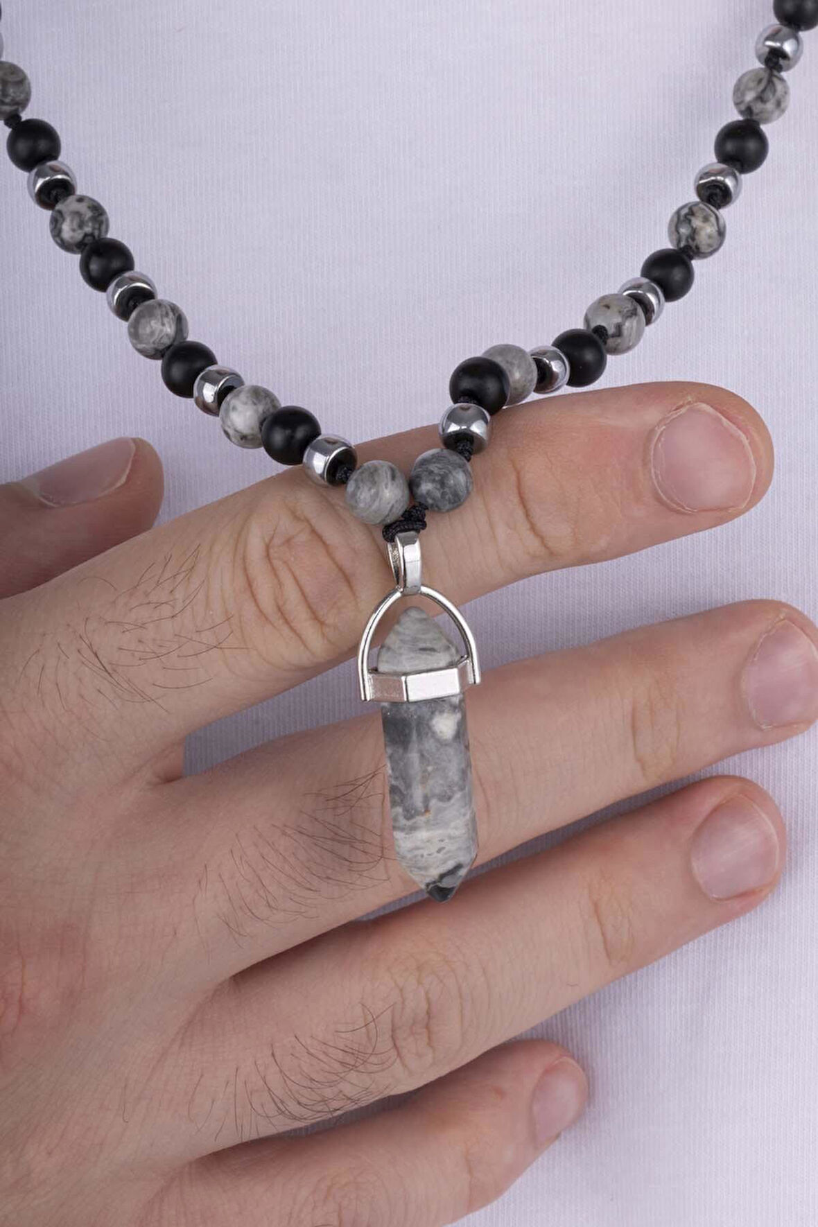 Gümüş Pazarım Oniks ve Jasper Taşı Doğal Taş Erkek Kolye