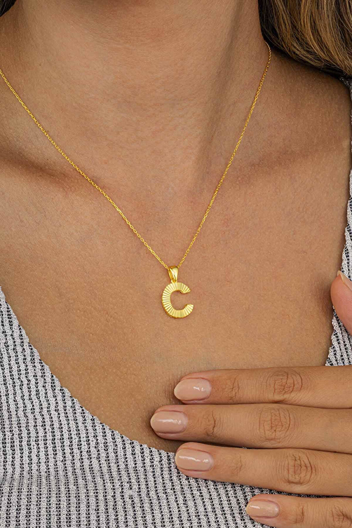 Gümüş Pazarım Altın Kaplama C Harfi Kadın 925 Ayar Gümüş Kolye