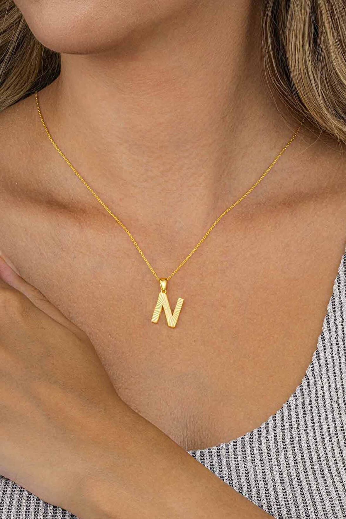 Gümüş Pazarım Altın Kaplama N Harfi Kadın 925 Ayar Gümüş Kolye