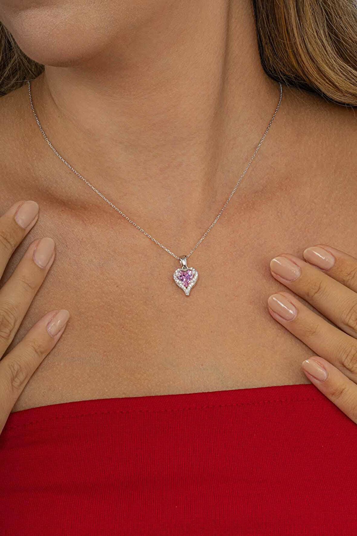 Gümüş Pazarım Özel Tasarım Pembe Taşlı 925 Ayar Gümüş Kolye