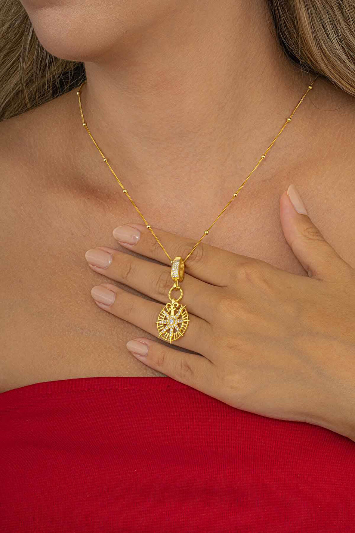 Gümüş Pazarım Altın Kaplama Yuvarlak Kuzey Yıldızı Pusula Gümüş Kolye