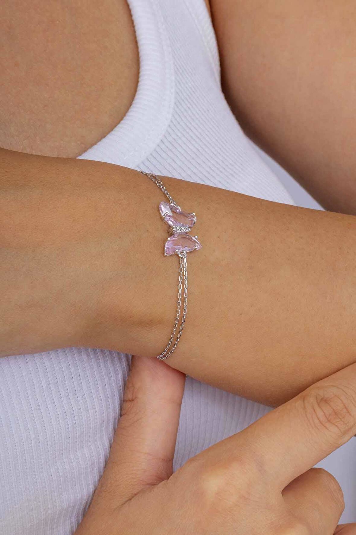 Gümüş Pazarım Pembe Taşlı Kelebek Gümüş Bileklik