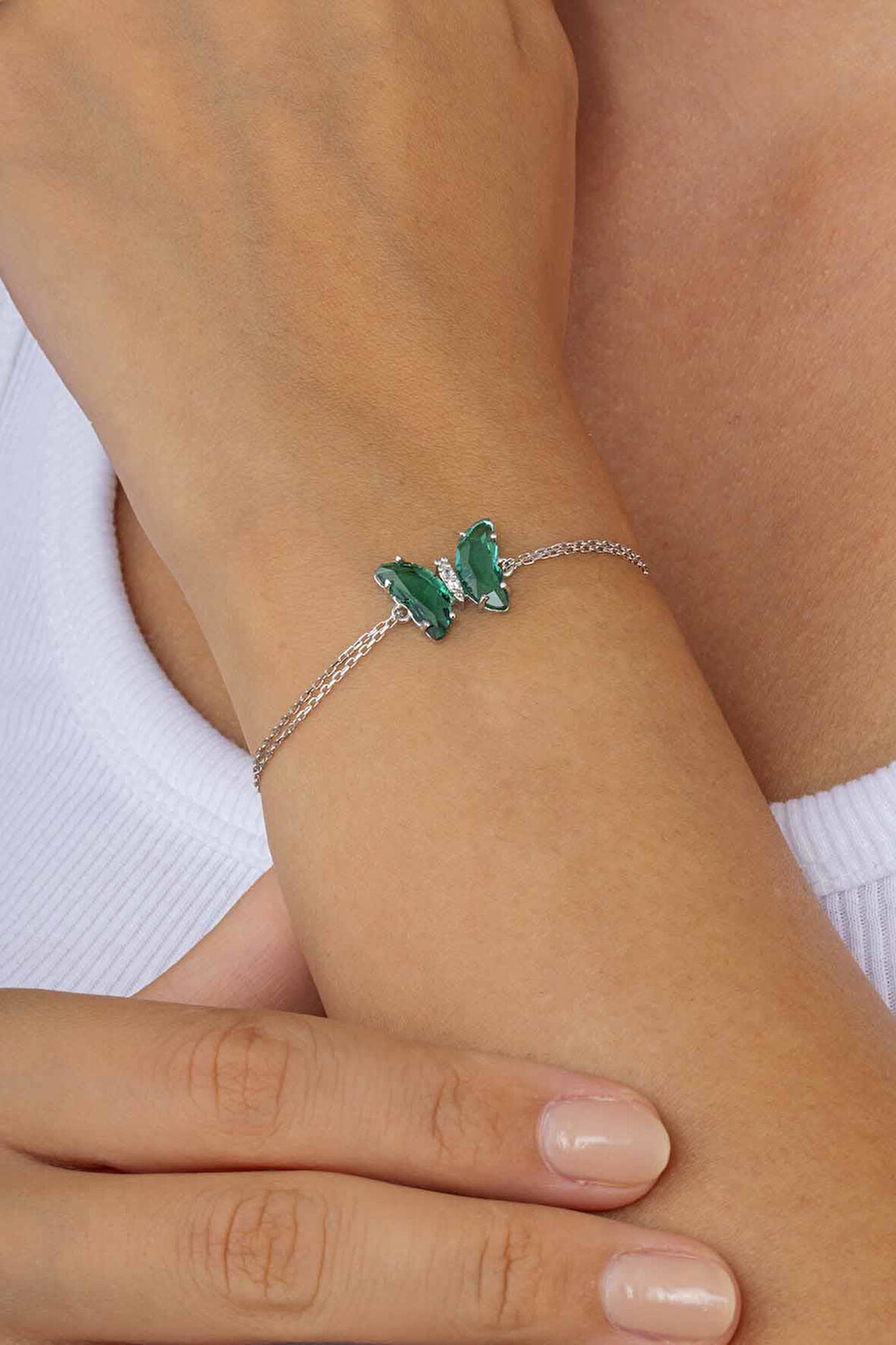 Gümüş Pazarım Yeşil Taşlı Kelebek Gümüş Bileklik