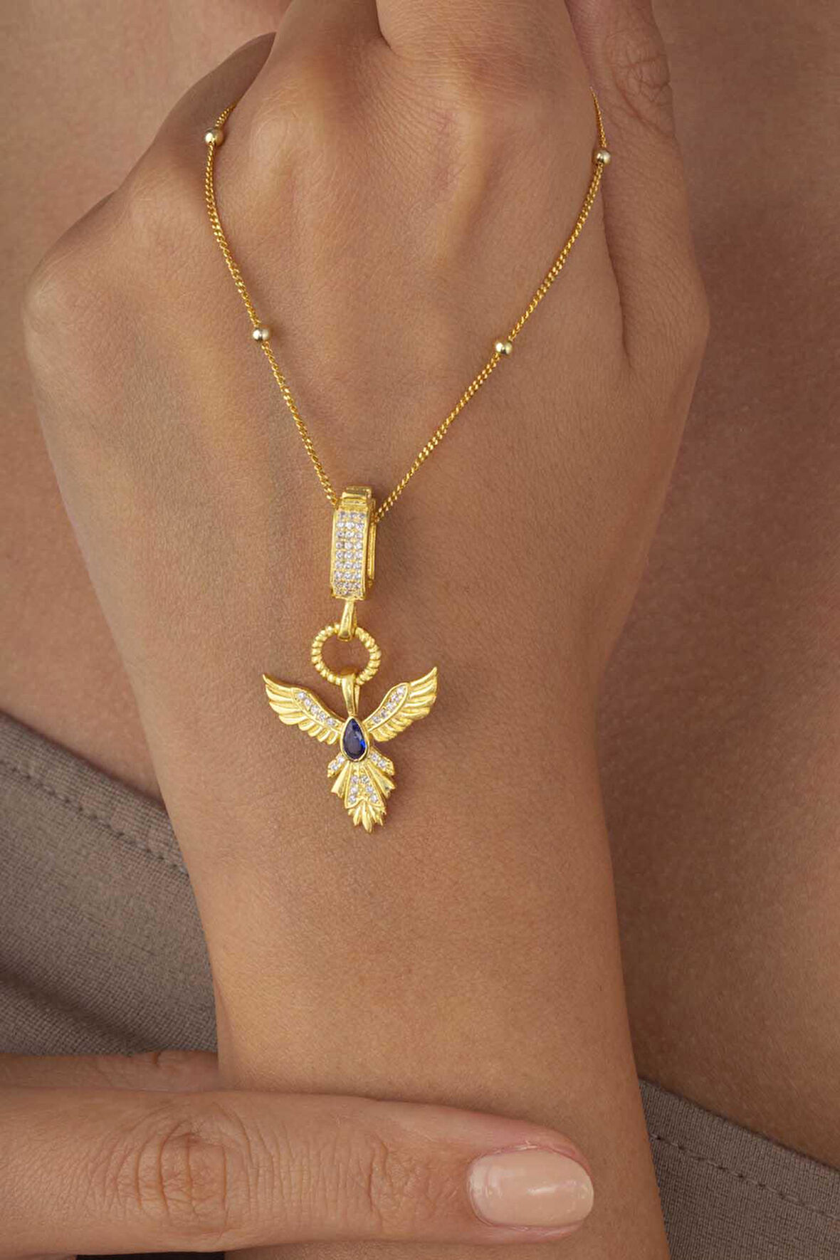 Gümüş Pazarım Safir Taşlı Altın Kaplama Anka Kuşu 925 Ayar Gümüş Kolye