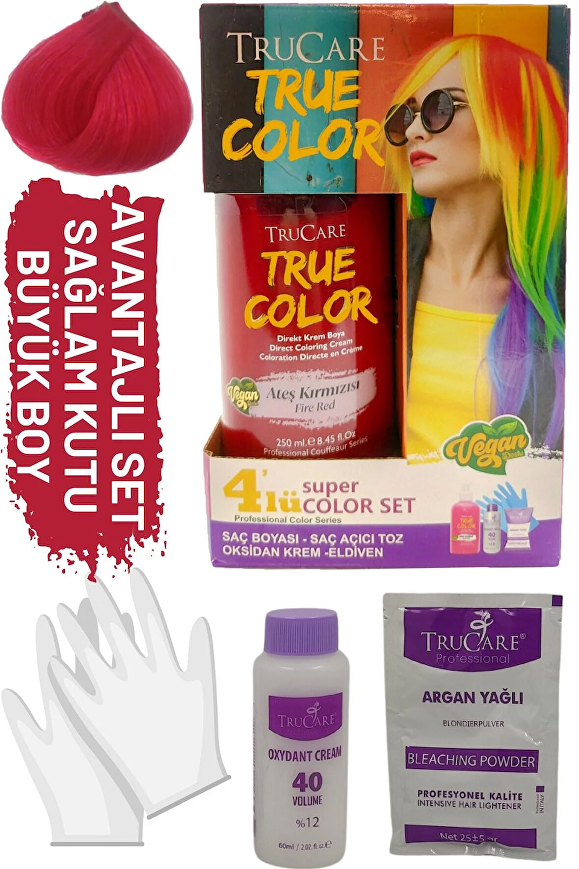 Truecolor Ateş Kırmızı Saç Boyası Seti Saç Açıcı Ve Eldivenli