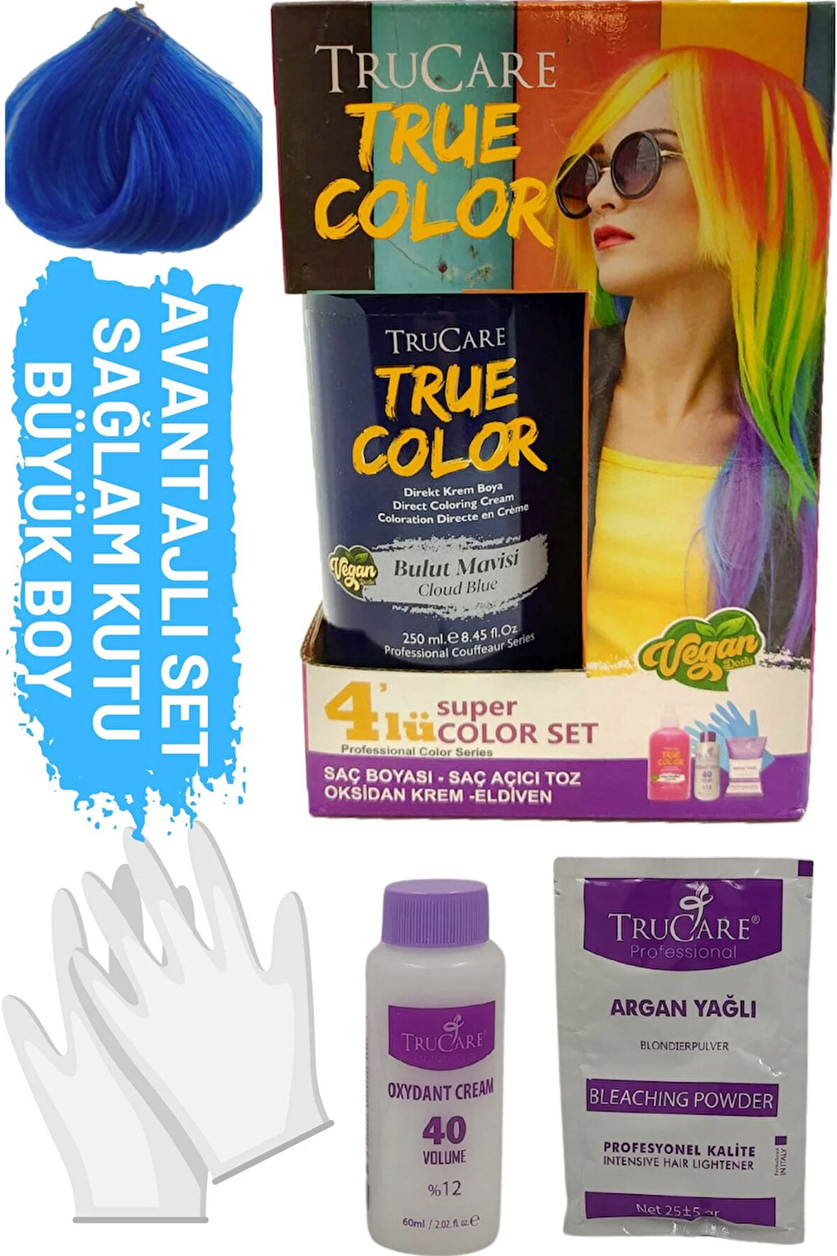 Truecolor Bulut Mavisi Saç Boyası Seti Saç Açıcı ve Eldivenli