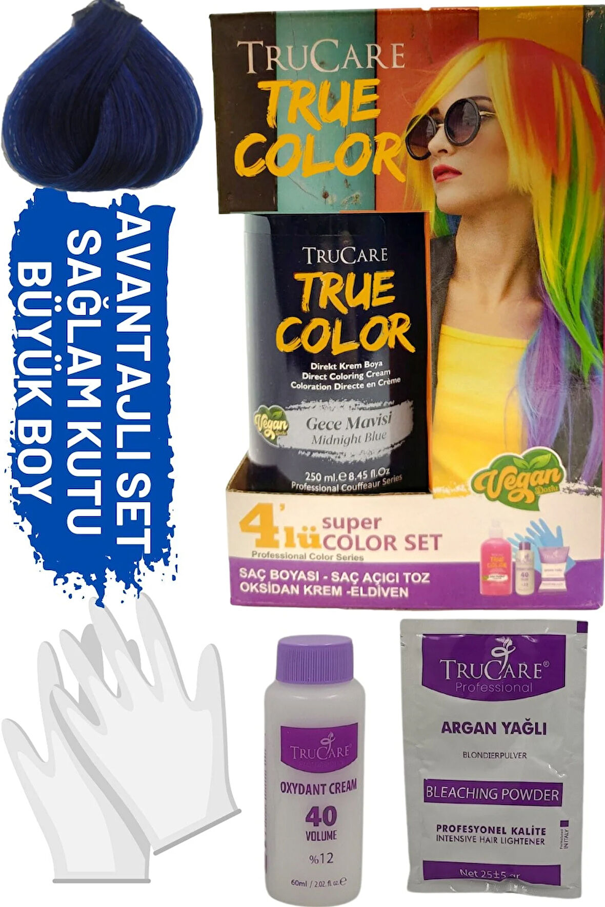 Truecolor Gece Mavisi Saç Boyası Seti Saç Açıcı ve Eldivenli