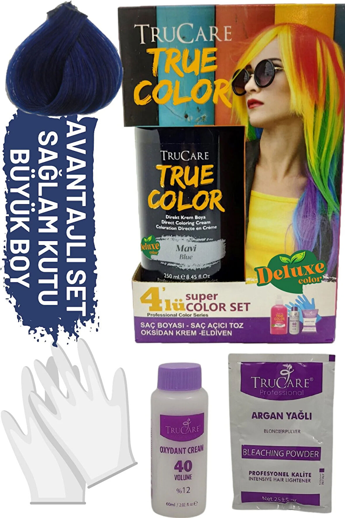 Truecolor Mavi Saç Boyası Seti Saç Açıcı ve Eldivenli