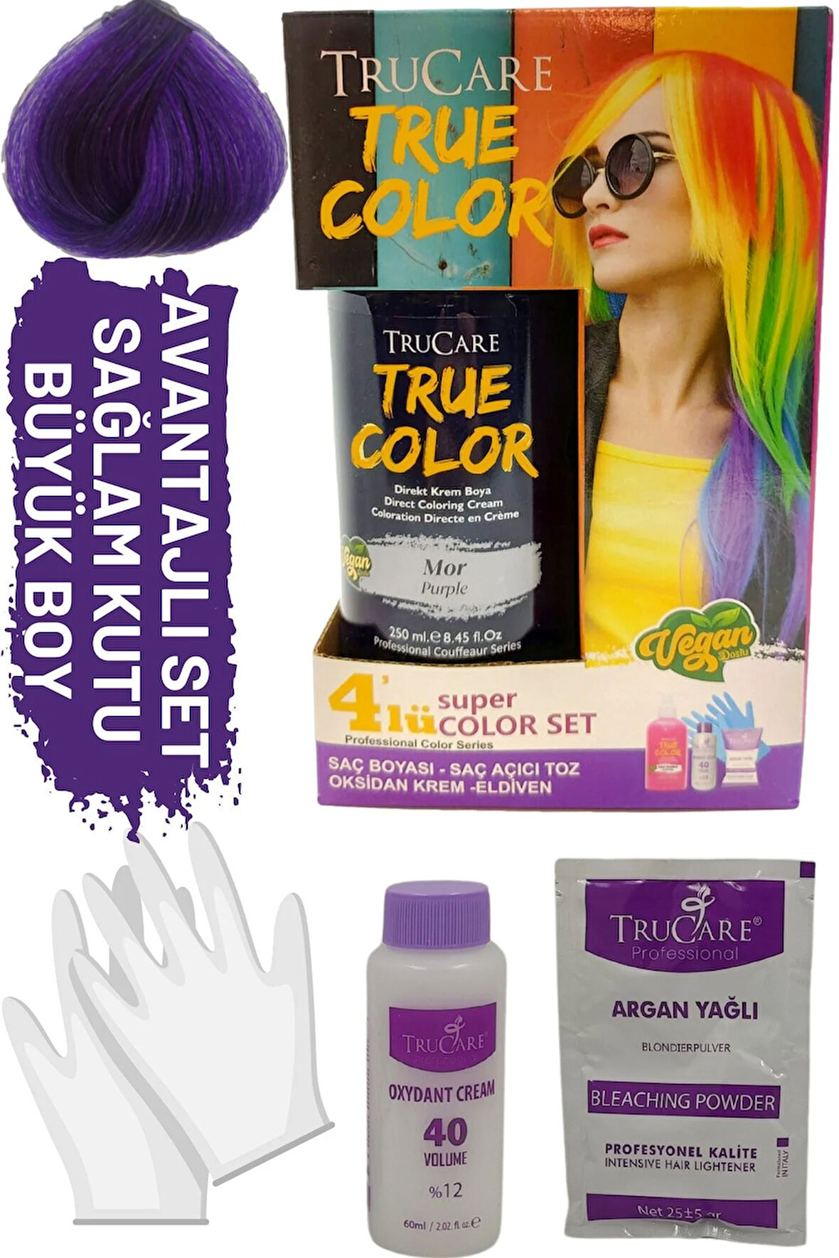 Truecolor Mor Saç Boyası Seti Saç Açıcı ve Eldivenli