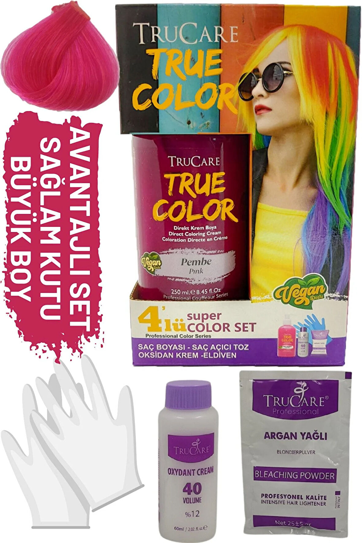 Truecolor Pembe Saç Boyası Seti Saç Açıcı ve Eldivenli