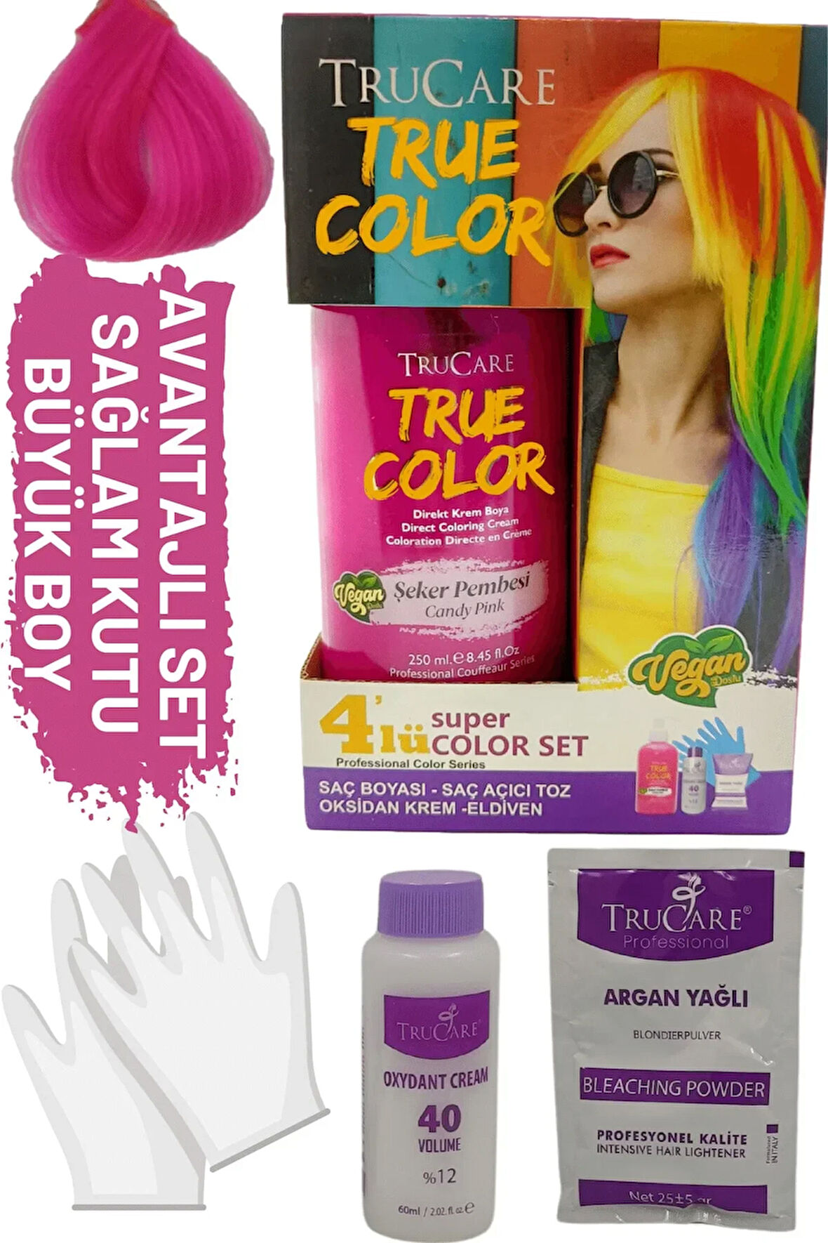 Truecolor Şeker Pembesi Saç Boyası Seti Saç Açıcı Ve Eldivenli