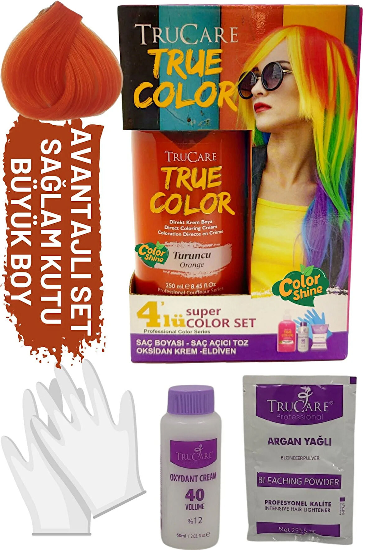 Truecolor Turuncu Saç Boyası Seti Saç Açıcı ve Eldivenli