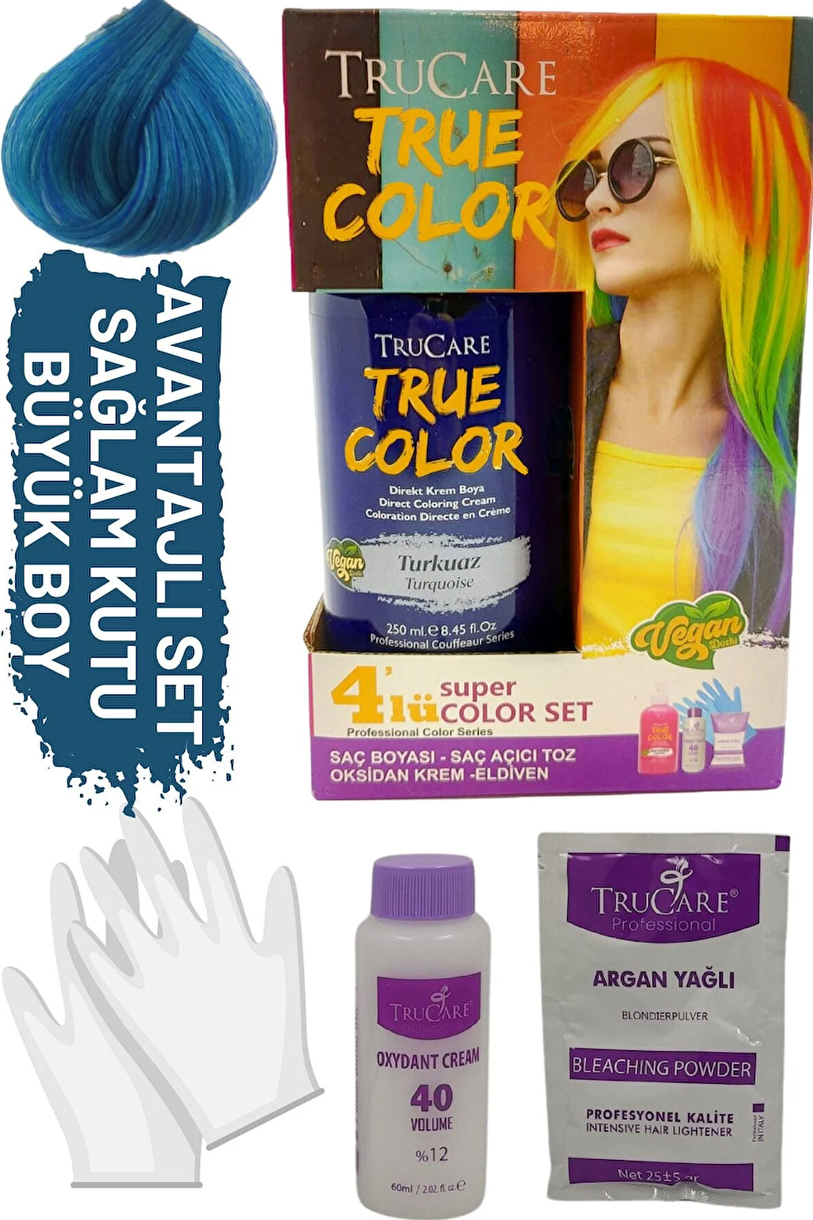 Truecolor Turkuaz Saç Boyası Seti Saç Açıcı Ve Eldivenli