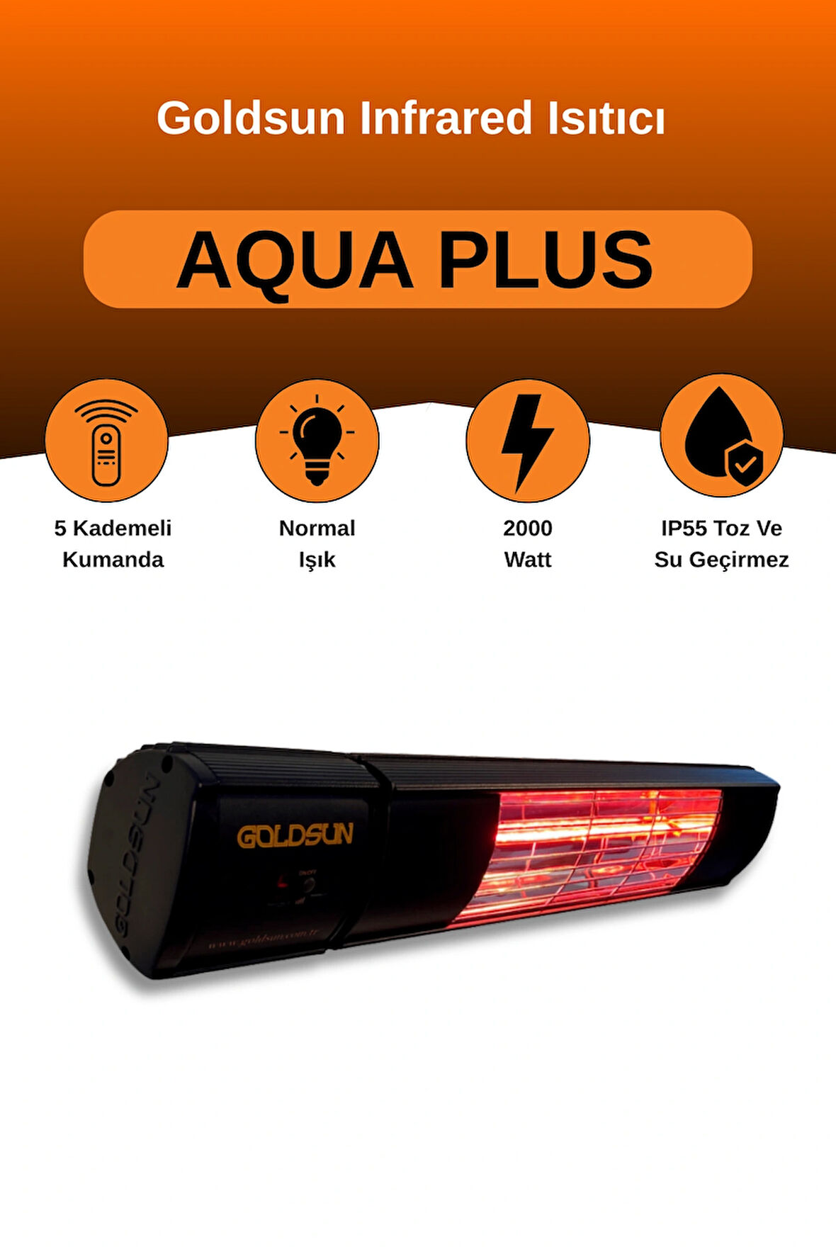 Goldsun Aqua Plus 2000 Watt GSA20P Kumandalı Suya Dayanıklı Elektrikli İnfrared Isıtıcı-Siyah