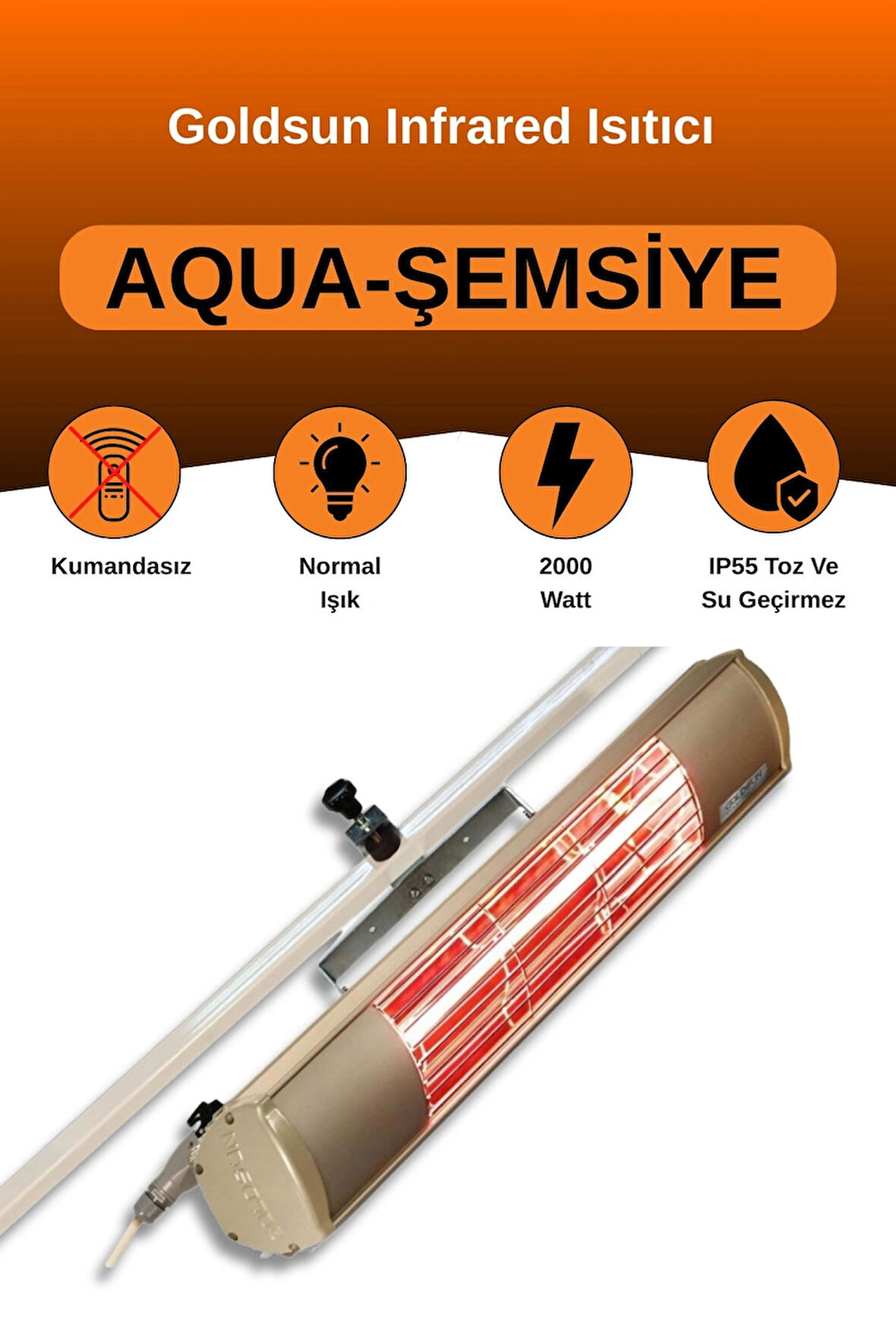 Goldsun Aqua 2000 Watt GSU20 Şemsiye Tip Kumandasız Suya Dayanıklı Elektrikli İnfrared Isıtıcı-Bej