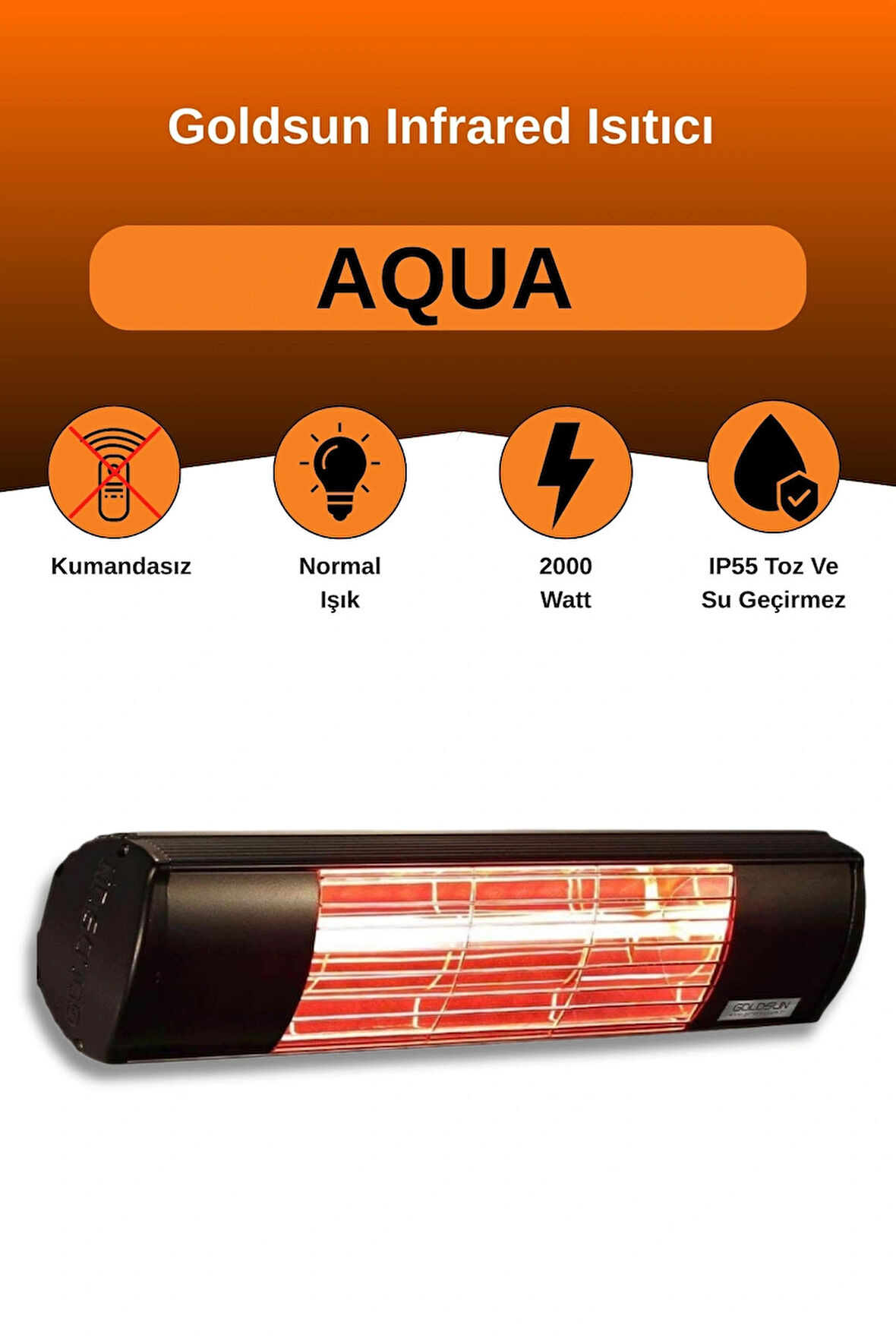 Goldsun Aqua 2000 Watt GSA20 Kumandasız Suya Dayanıklı Elektrikli İnfrared Isıtıcı-Siyah