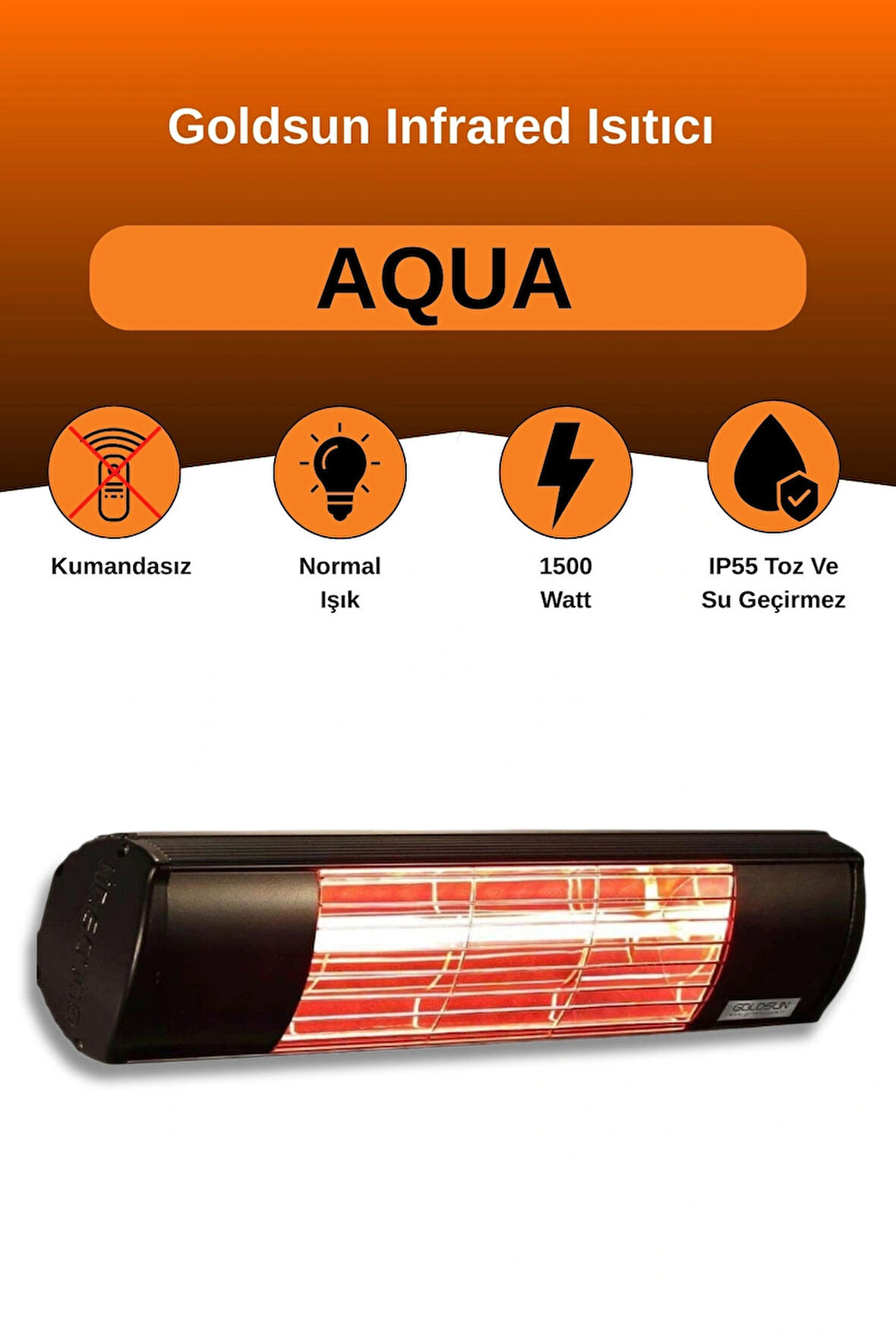 Goldsun Aqua 1500 Watt GSA15 Kumandasız Suya Dayanıklı Elektrikli İnfrared Isıtıcı-Siyah