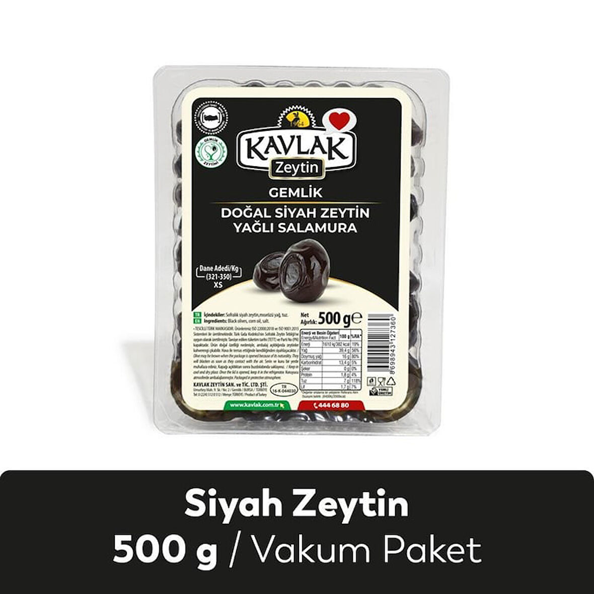 Kavlak Zeytin Gemlik Yağlı Salamura Siyah Zeytin Vakum Paket 500 Gr