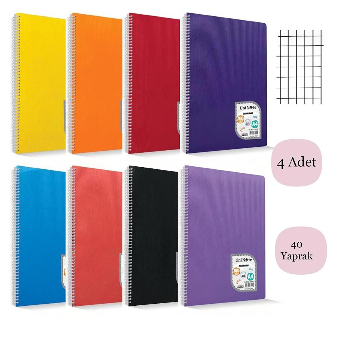 Çınar Colormaxi A4 40 Yaprak Plastik Kapak Spiralli Defter Kareli 4 Adet