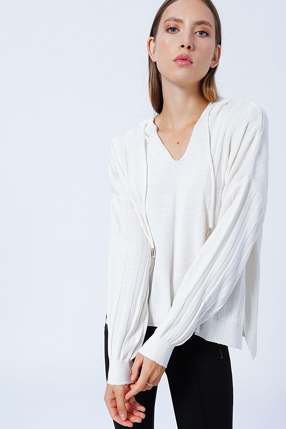 Fashion Friends Kadın Kapüşon Yaka Düz Kazak 537067 Bej