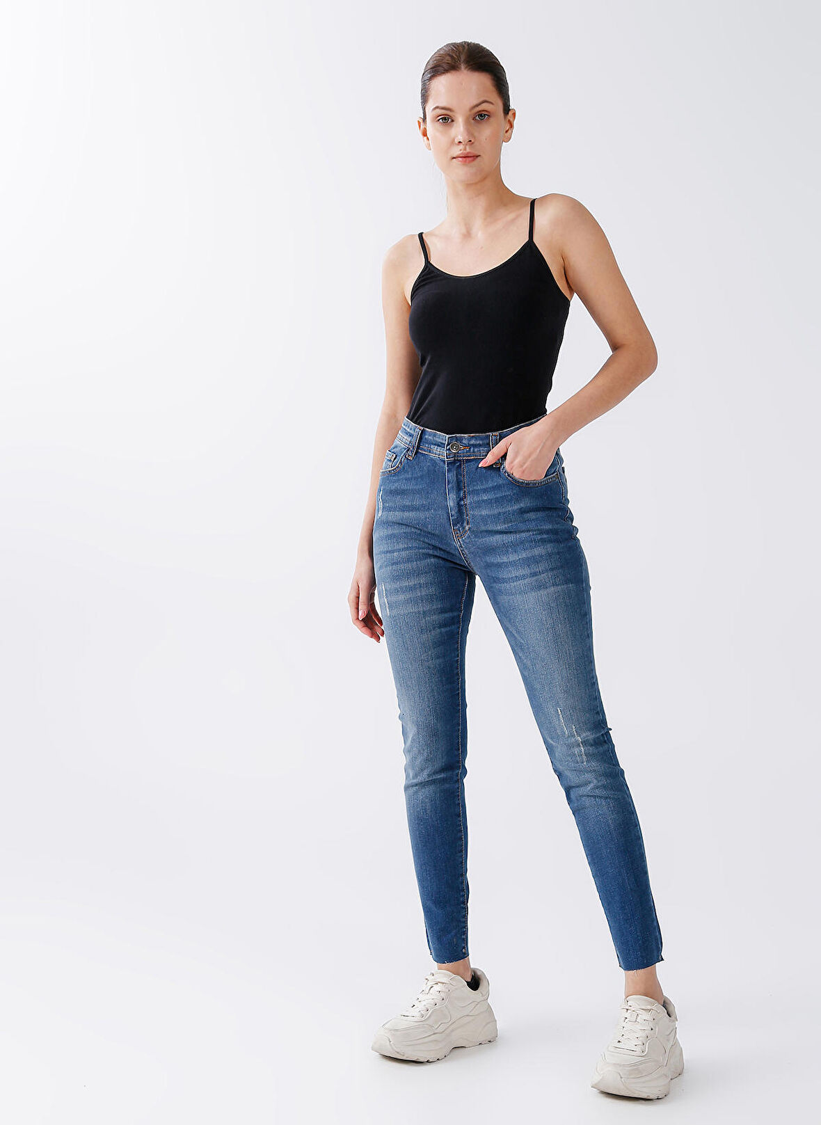 Yüksek Bel Skinny Fit Düz Mavi Kadın Pantolon 22K0367K1