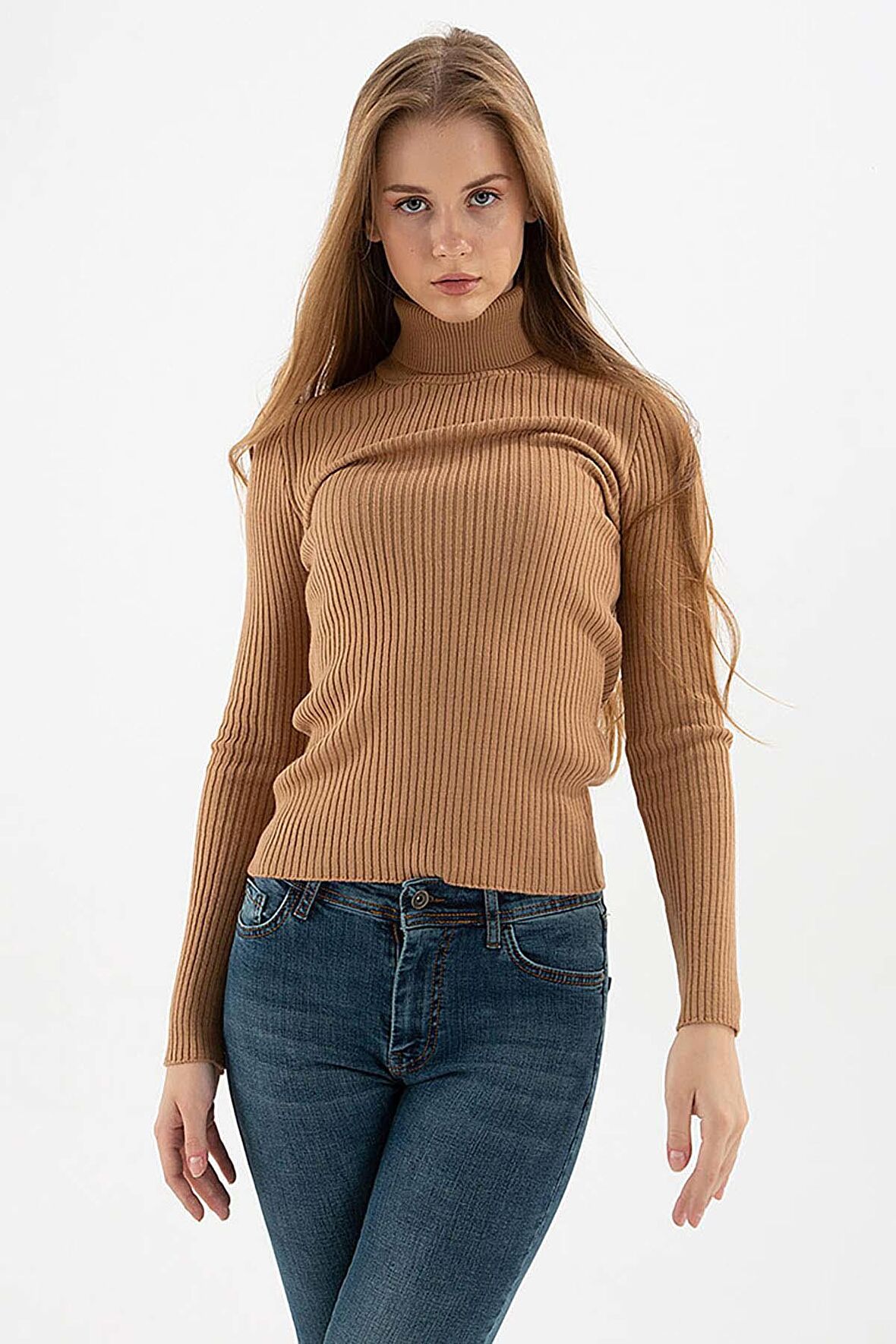 Kadın Fitilli Balıkçı Yaka Kazak 23K0288K1 Camel