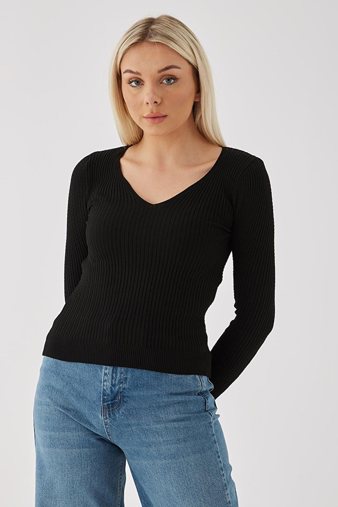 V Yaka Saç Örgülü Bluz