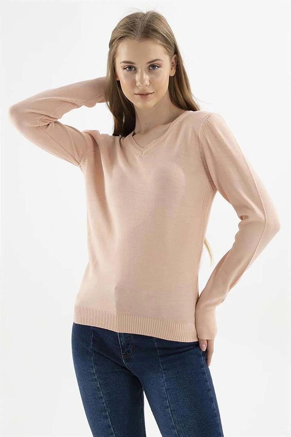 Kadın V Yaka Kazak 23K0244K1 Pudra