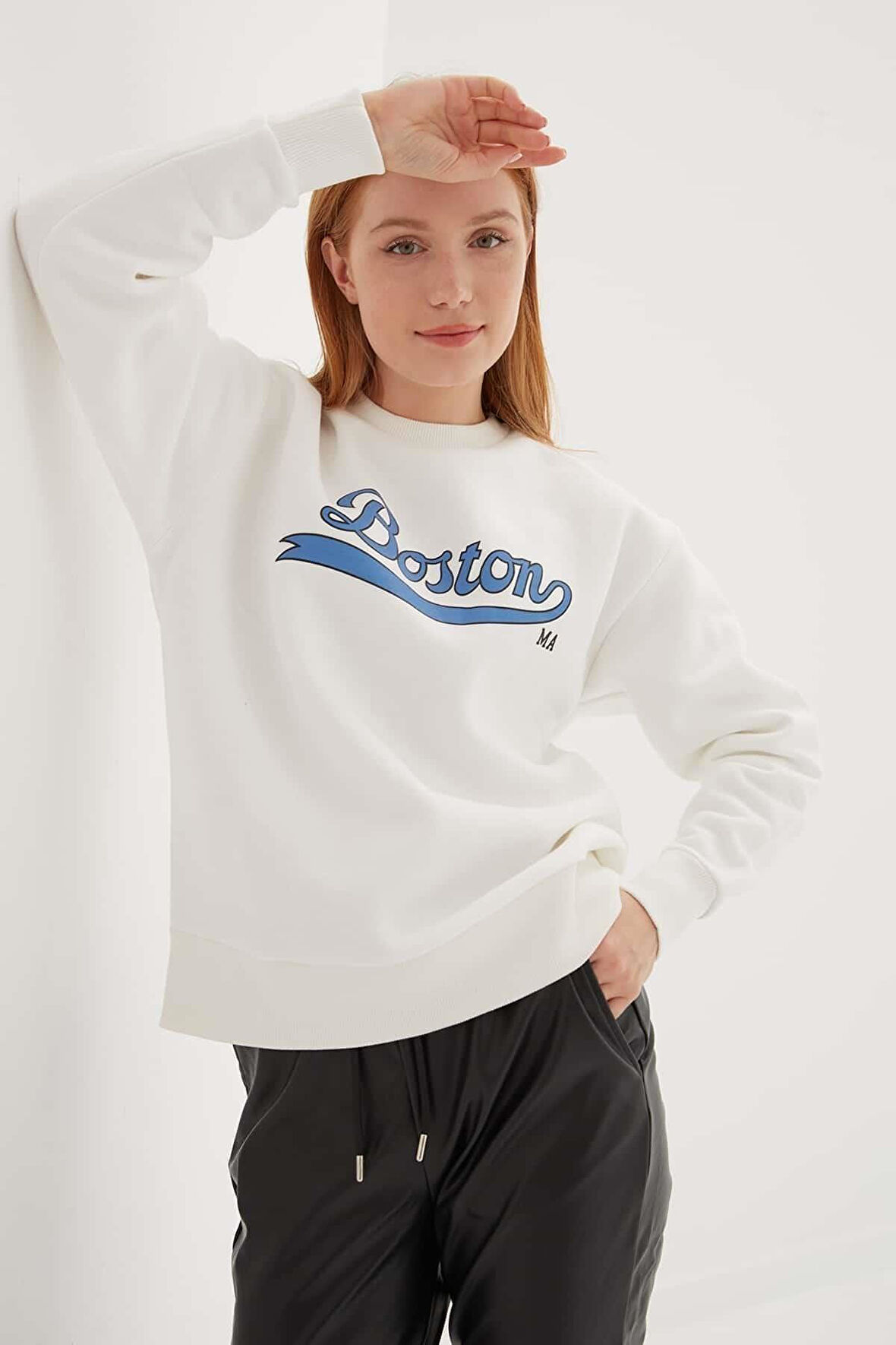 FASHION FRIENDS KADIN BİSİKLET YAKA BASKILI SWEAT 24K0843K1