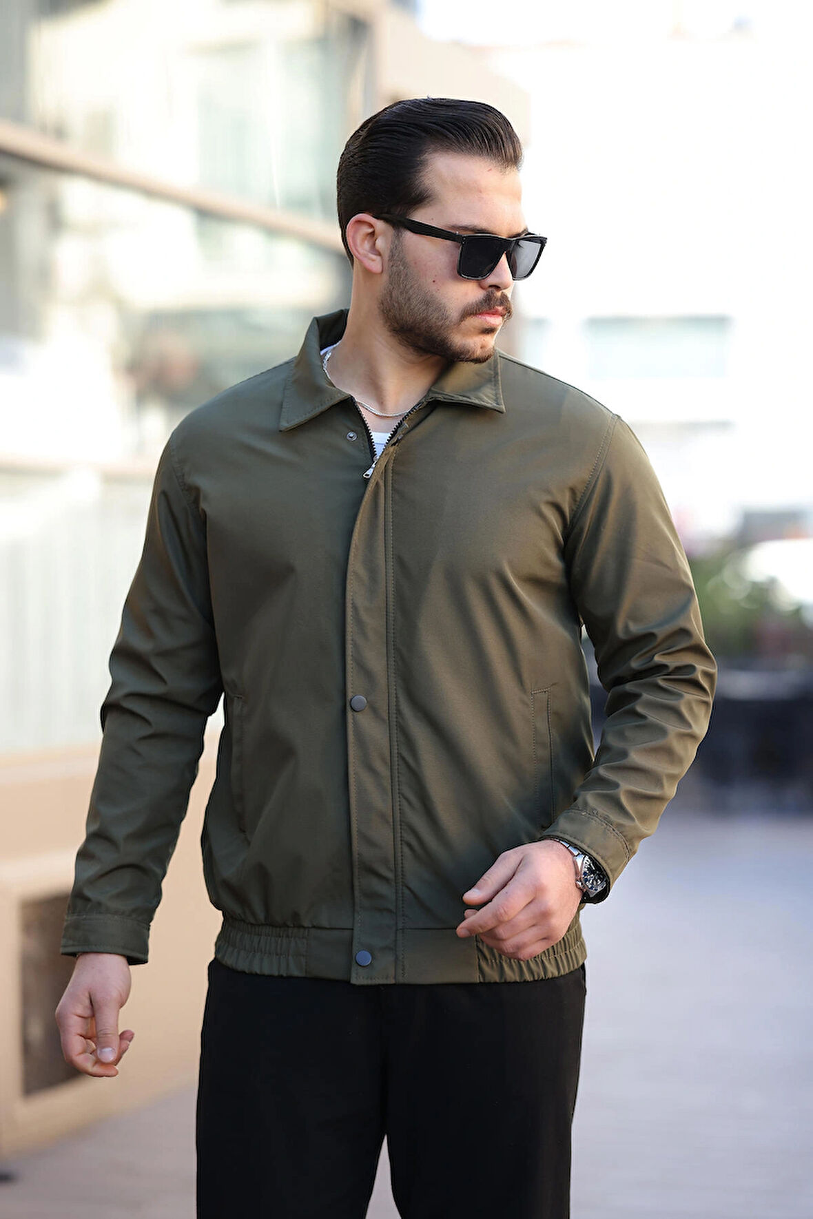 Erkek Haki Su ve Rüzgar Geçirmez Oversize Rahat Kesim Bel Lastikli Astarlı Mevsimlik Mont