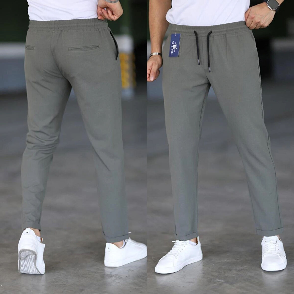Erkek Haki Slim Fit Rahat Kesim Beli Bağlamalı Yan Cepli Likralı Jogger Pantolon