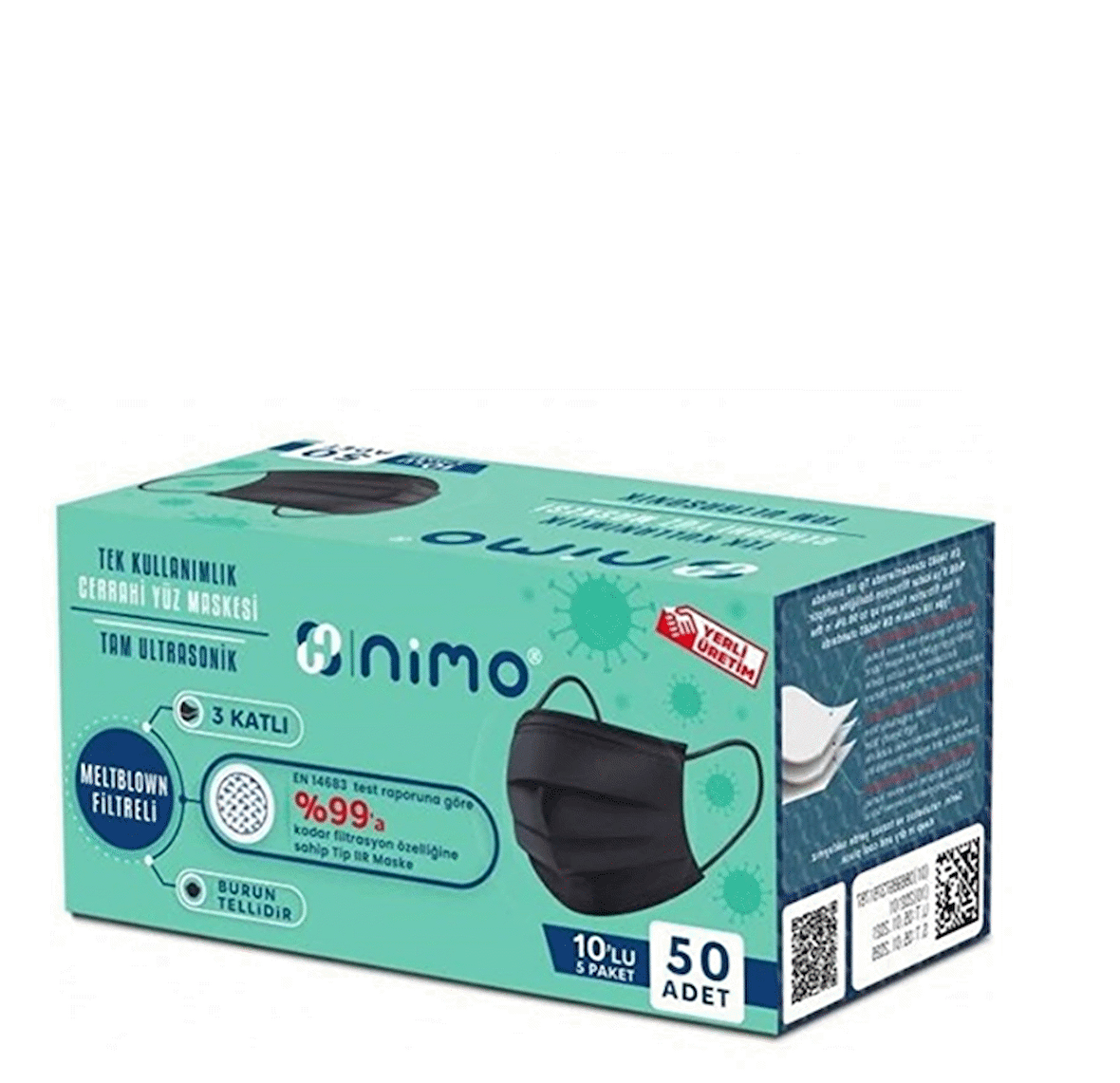 Nimo 3 Katlı Filtreli Cerrahi Yüz Maskesi-Siyah 50 Adet