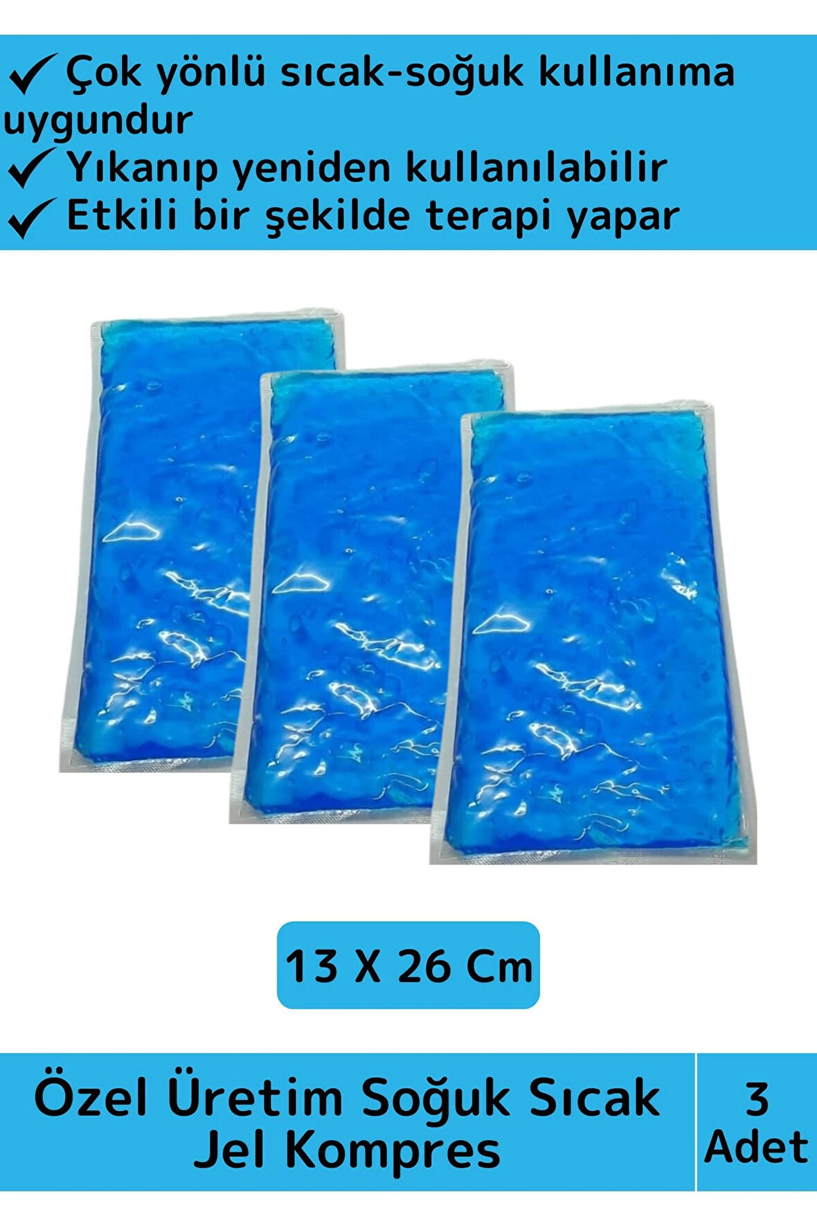 Premium Yıkanıp Tekrar Kullanılabilir İlk Yardım Soğuk Sıcak Jel Kompres Termojel 13 X 26 Cm 3 Adet