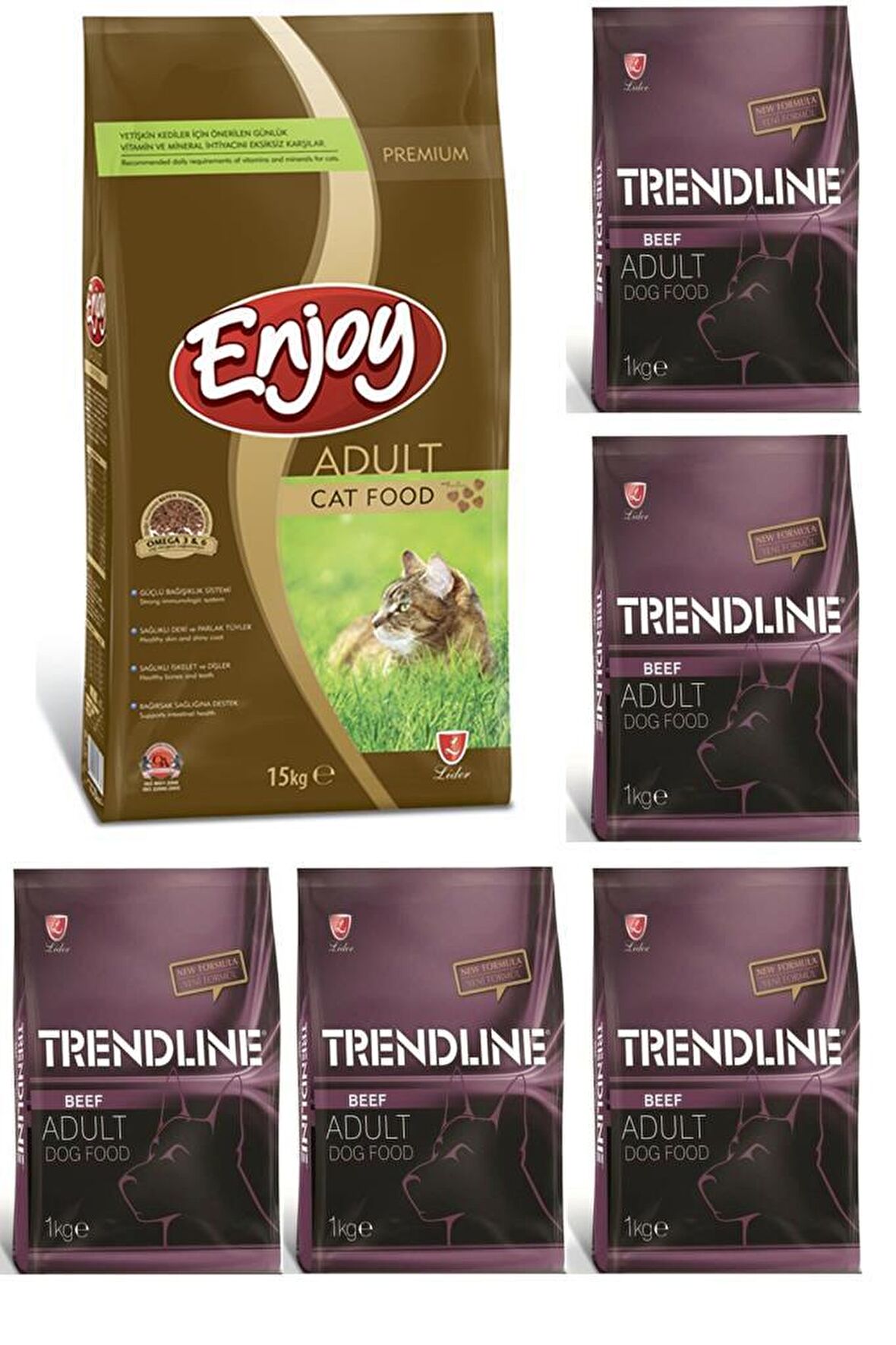 Enjoy Tavuklu Yetişkin Kedi Maması 15 Kg & Trendline Biftekli Yetişkin Köpek Maması 1 Kg x 5 adet