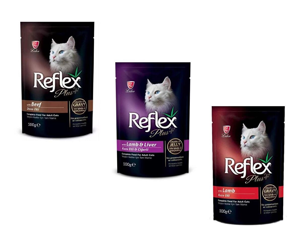 Reflex Plus Pouch Biftekli-Kuzu Soslu ve Kuzu-Ciğer Joleli Kedi Yaş Mama Karışık Paket 100 Gr (3 ADET)