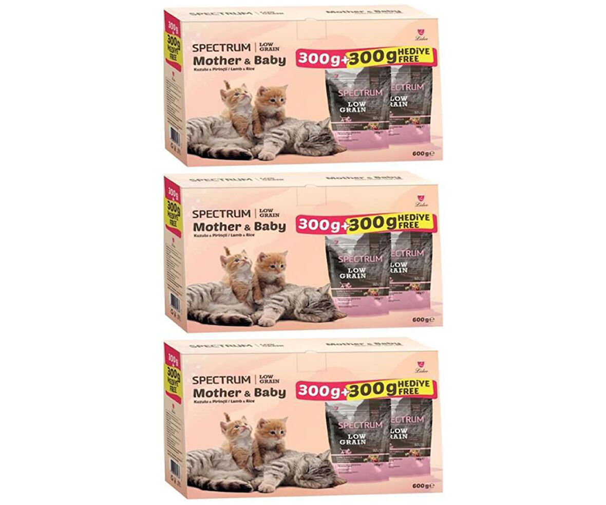 Spectrum Low Grain Mother & Baby Kuzu Etli ve Pirinçli Kedi Maması 300 Gr + 300 Gr (2li Kutu)*3 Adet