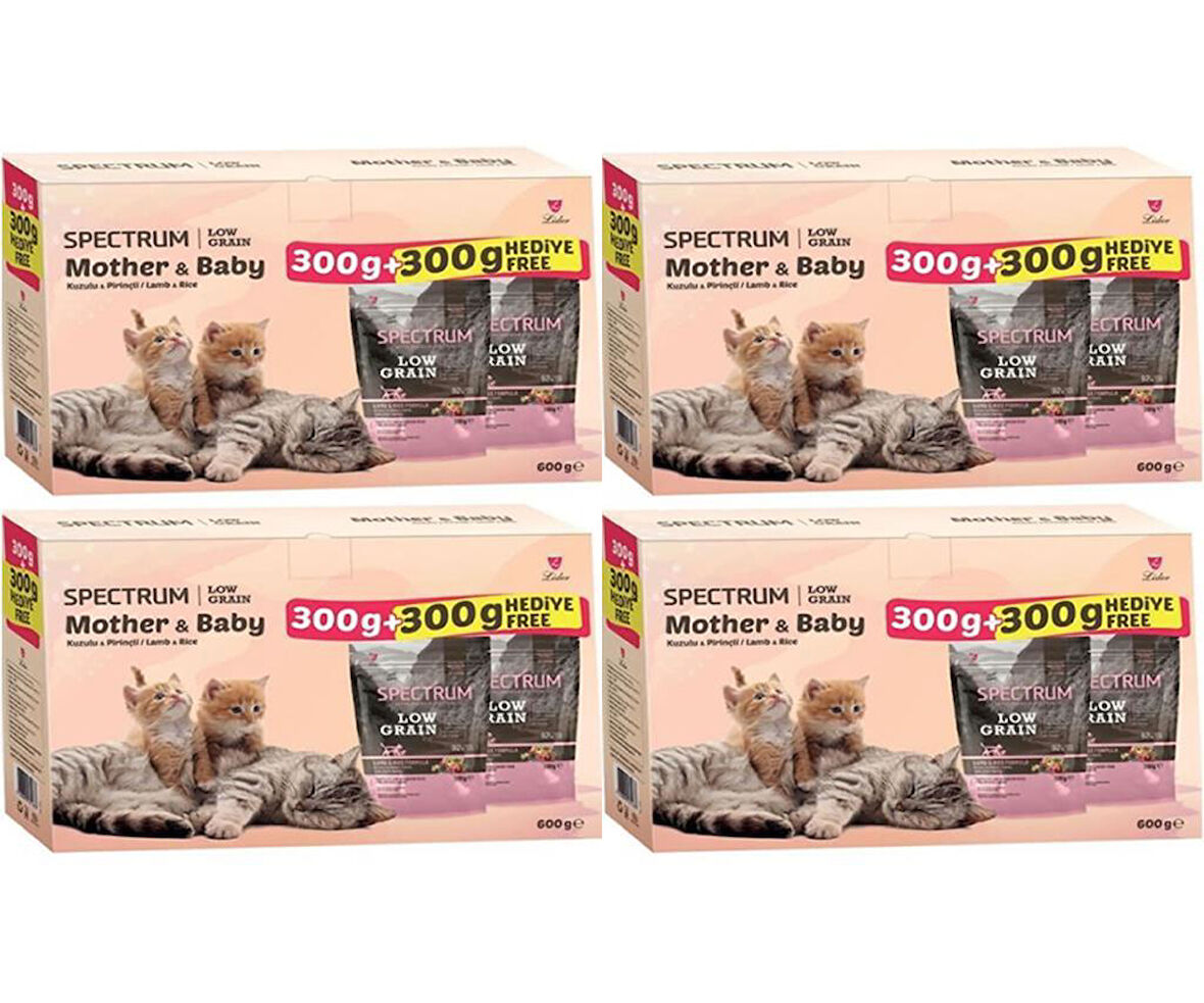 Spectrum Low Grain Mother & Baby Kuzu Etli ve Pirinçli Kedi Maması 300 Gr + 300 Gr (2li Kutu)*4 Adet