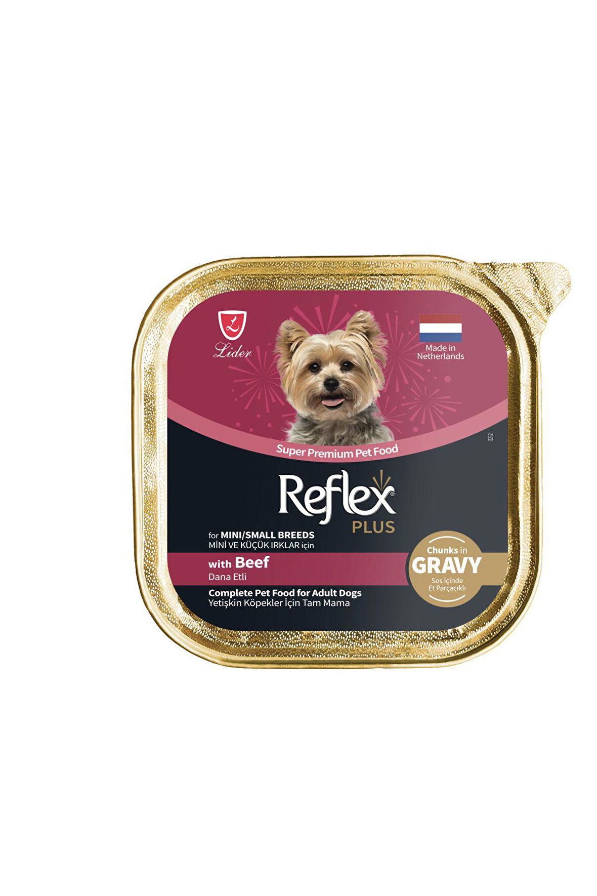 Plus Alu Tray 85 gr Biftekli Sos içinde Et Parçacıklı Küçük ırk köpek için Yaş mama