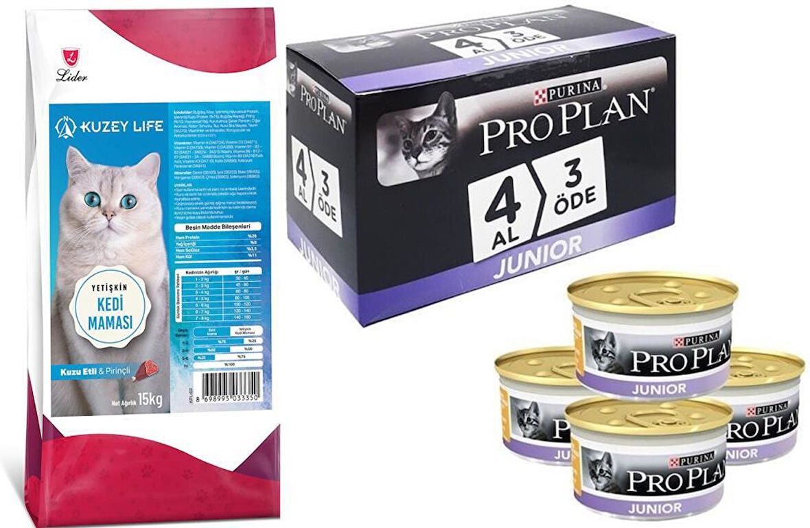 Kuzeylife Kuzu Etli ve Pirinçli Kedi Maması 15 Kg + Pro Plan Junior Tavuklu Yavru Kedi Konserve 85gr 4 Al 3 Öde